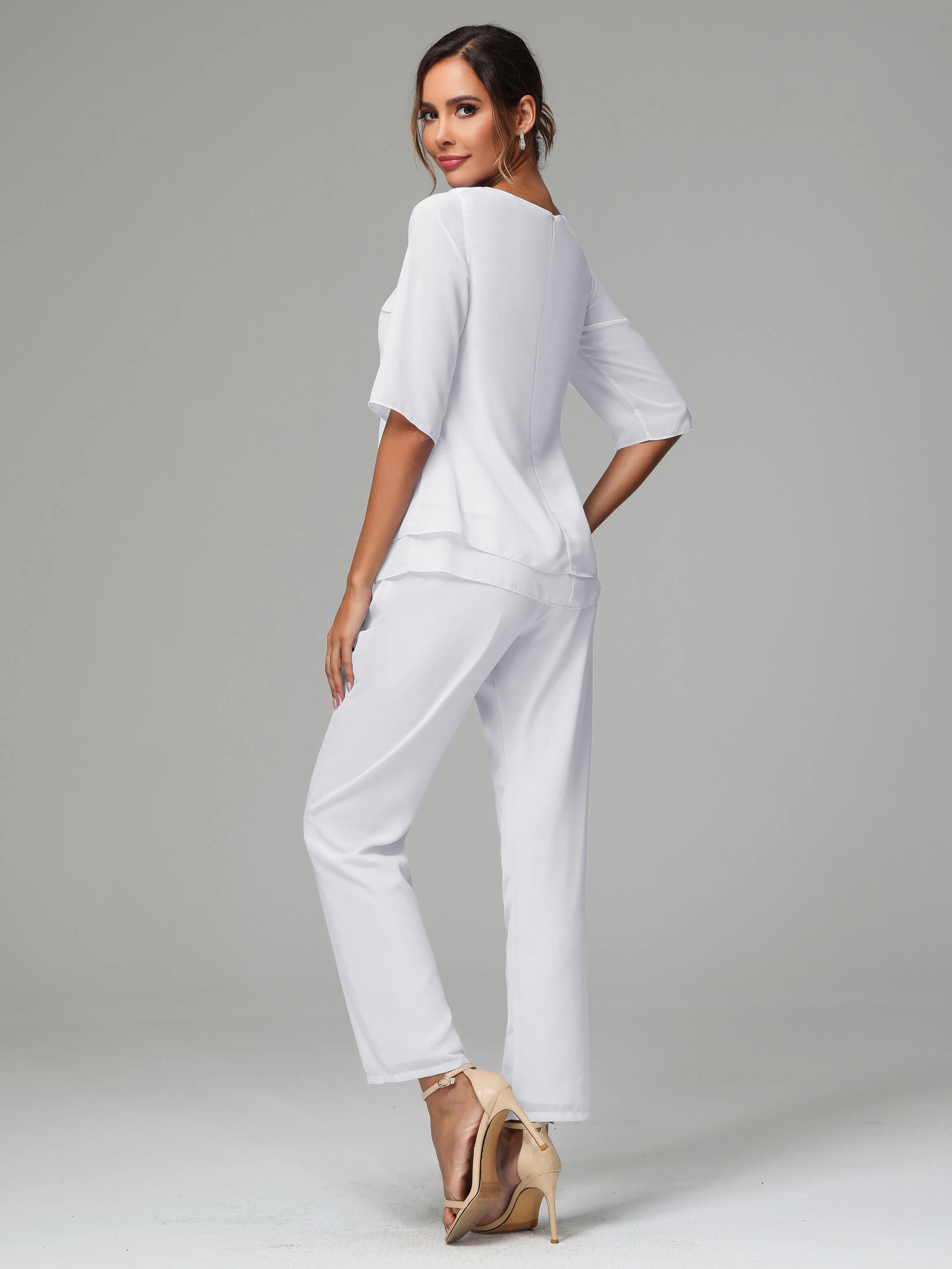 Simple Chiffon Half Sleeves Mother Of The Bride Dress Pants Suits
