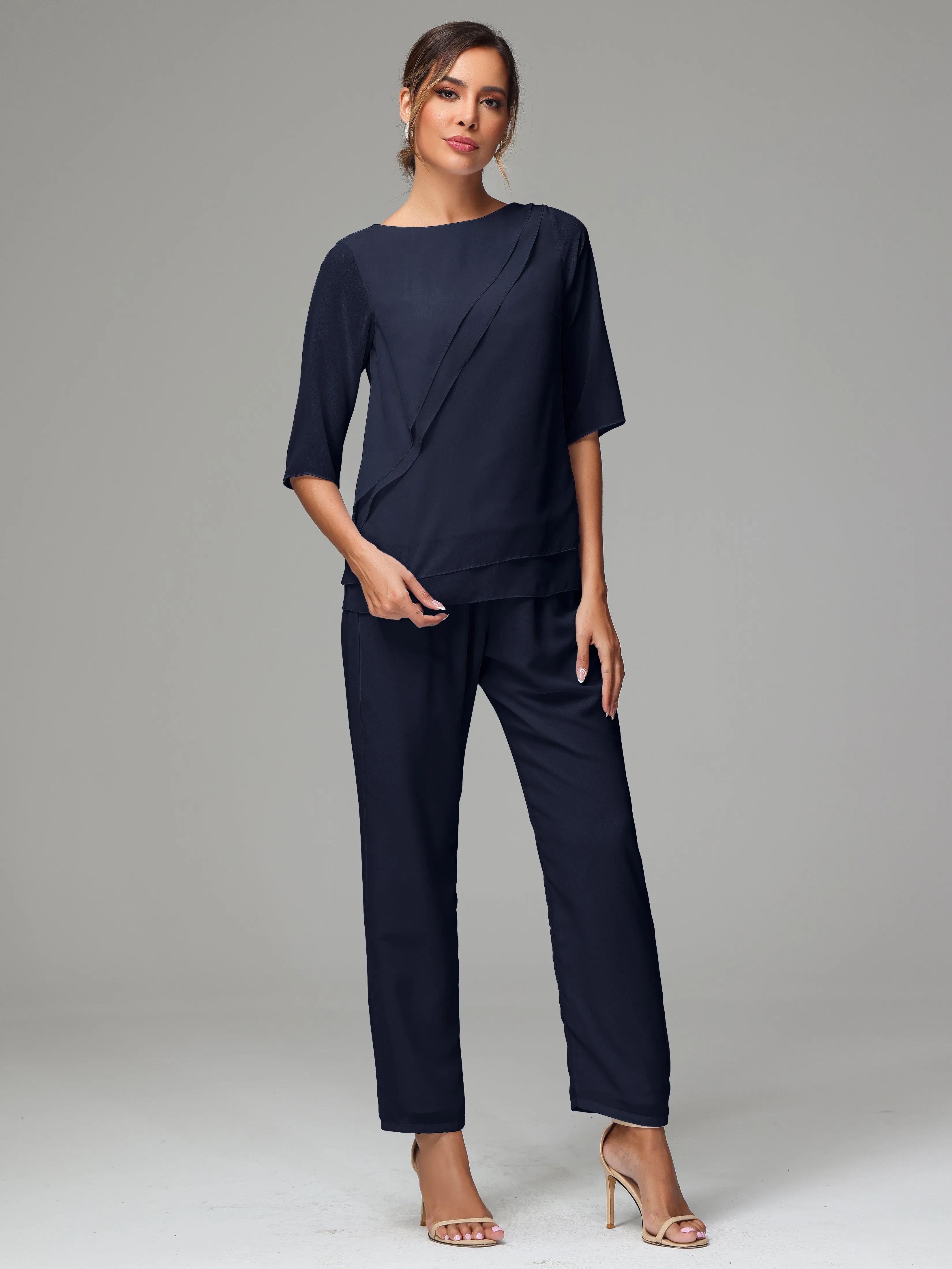 Simple Chiffon Half Sleeves Mother Of The Bride Dress Pants Suits