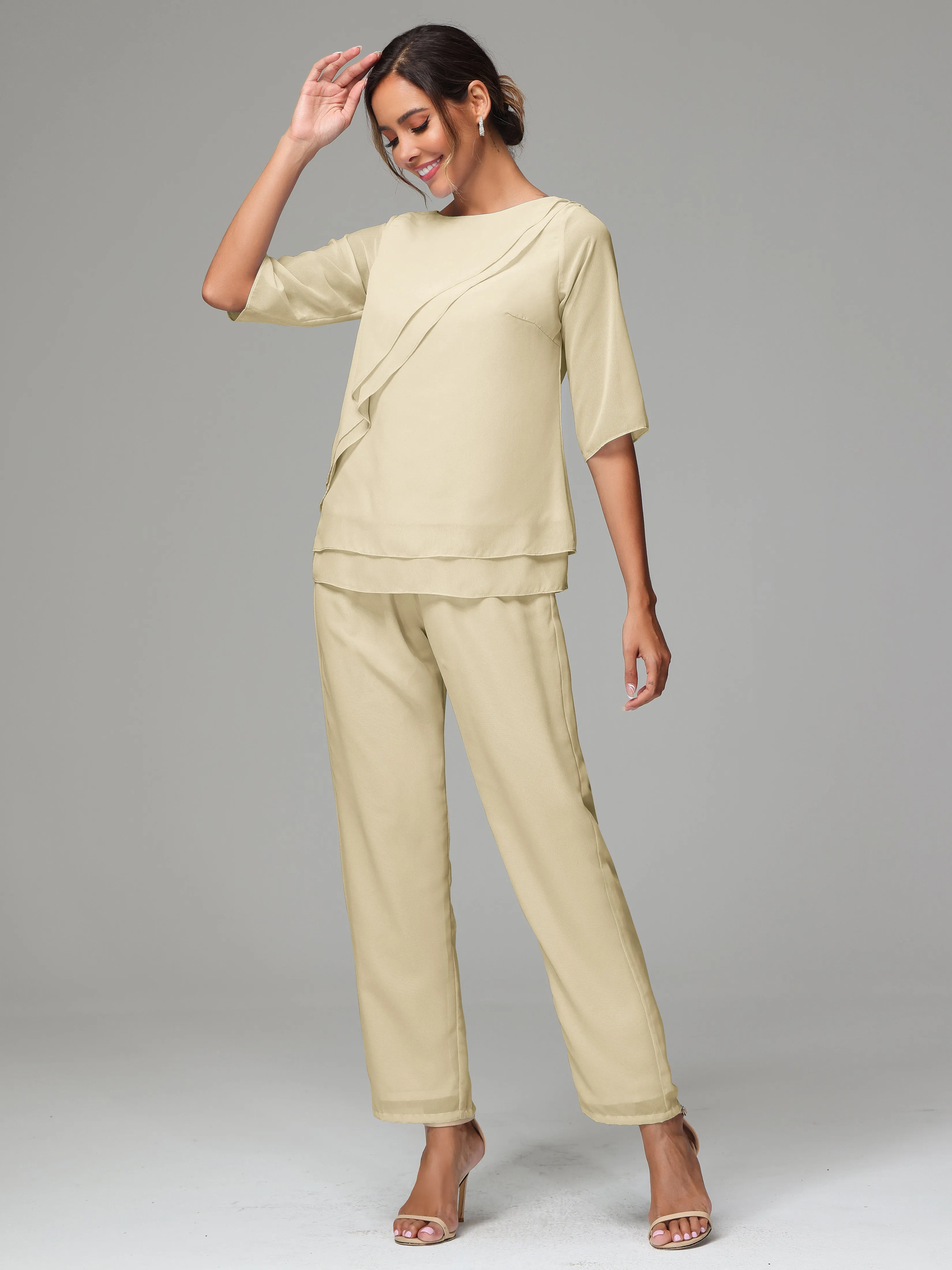 Simple Chiffon Half Sleeves Mother Of The Bride Dress Pants Suits