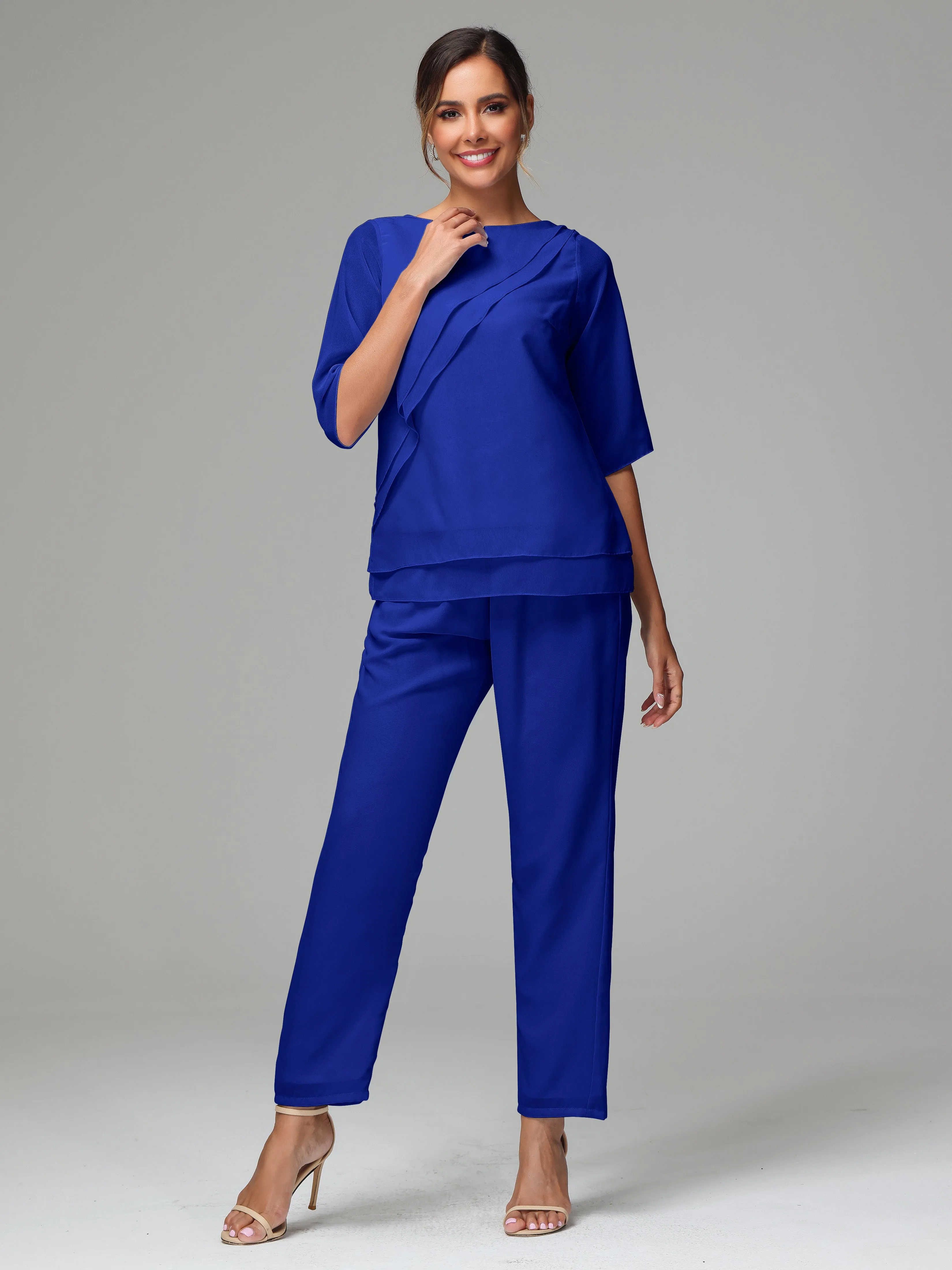 Simple Chiffon Half Sleeves Mother Of The Bride Dress Pants Suits