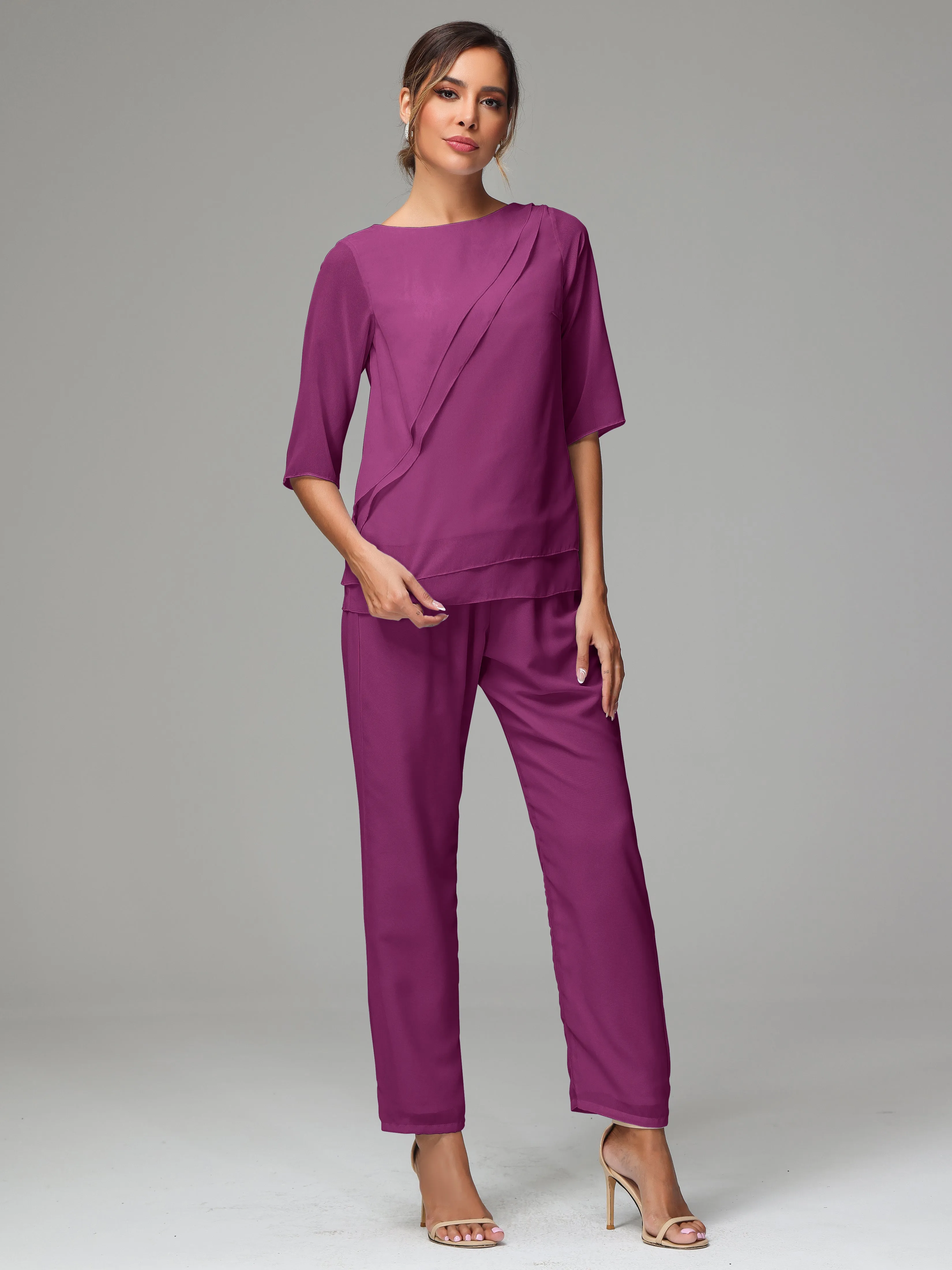 Simple Chiffon Half Sleeves Mother Of The Bride Dress Pants Suits
