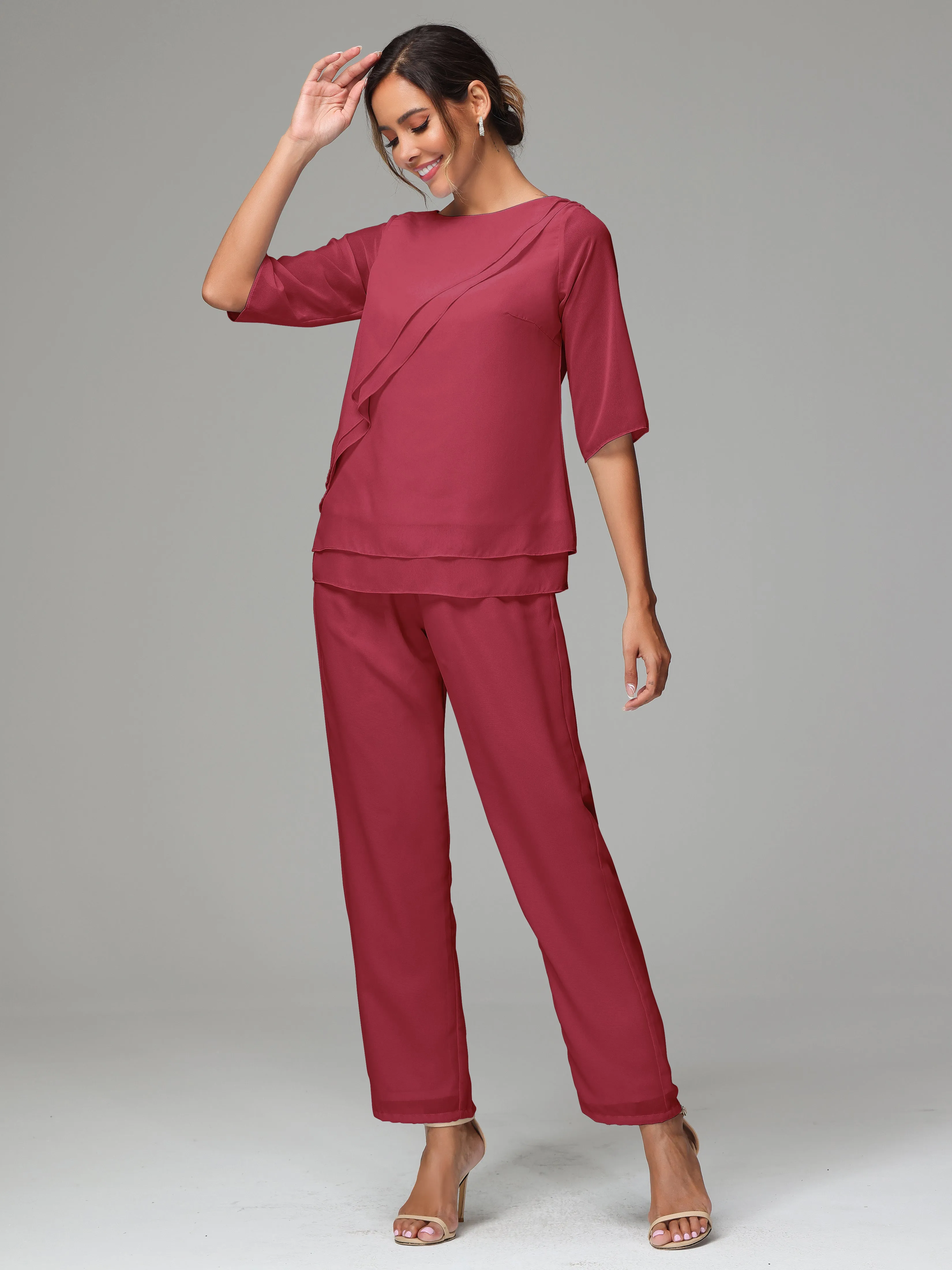 Simple Chiffon Half Sleeves Mother Of The Bride Dress Pants Suits
