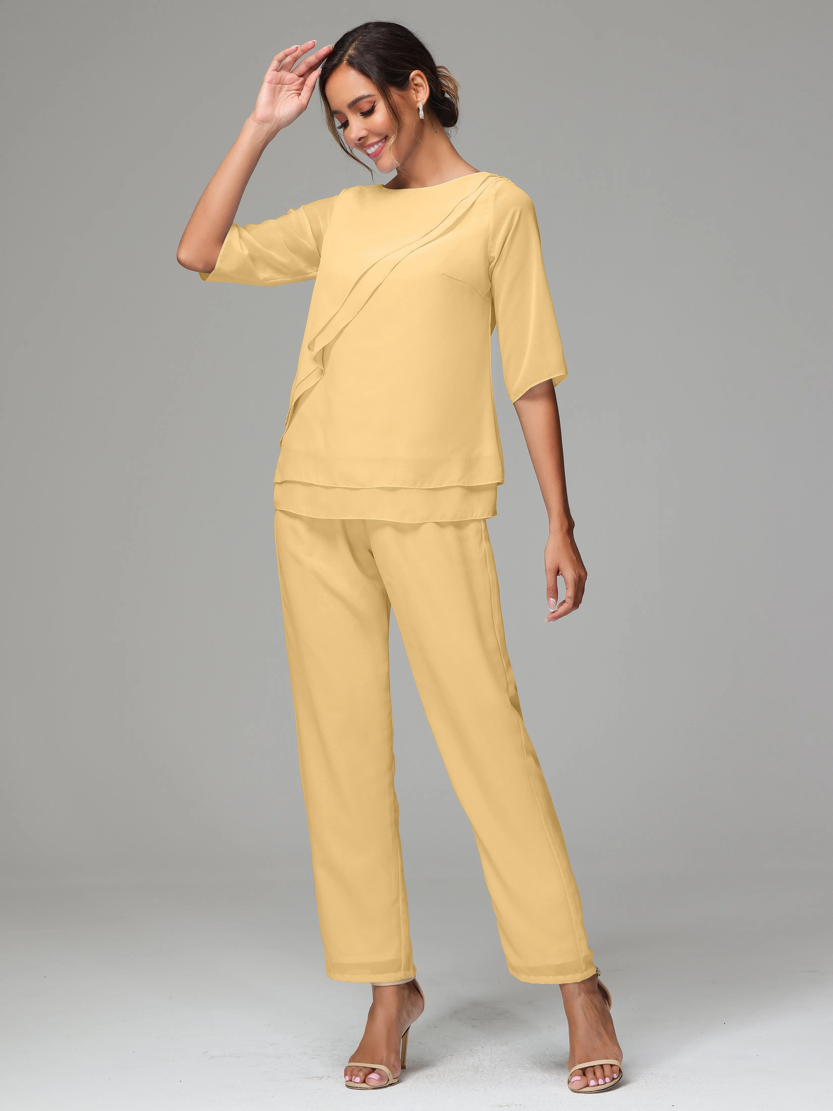 Simple Chiffon Half Sleeves Mother Of The Bride Dress Pants Suits