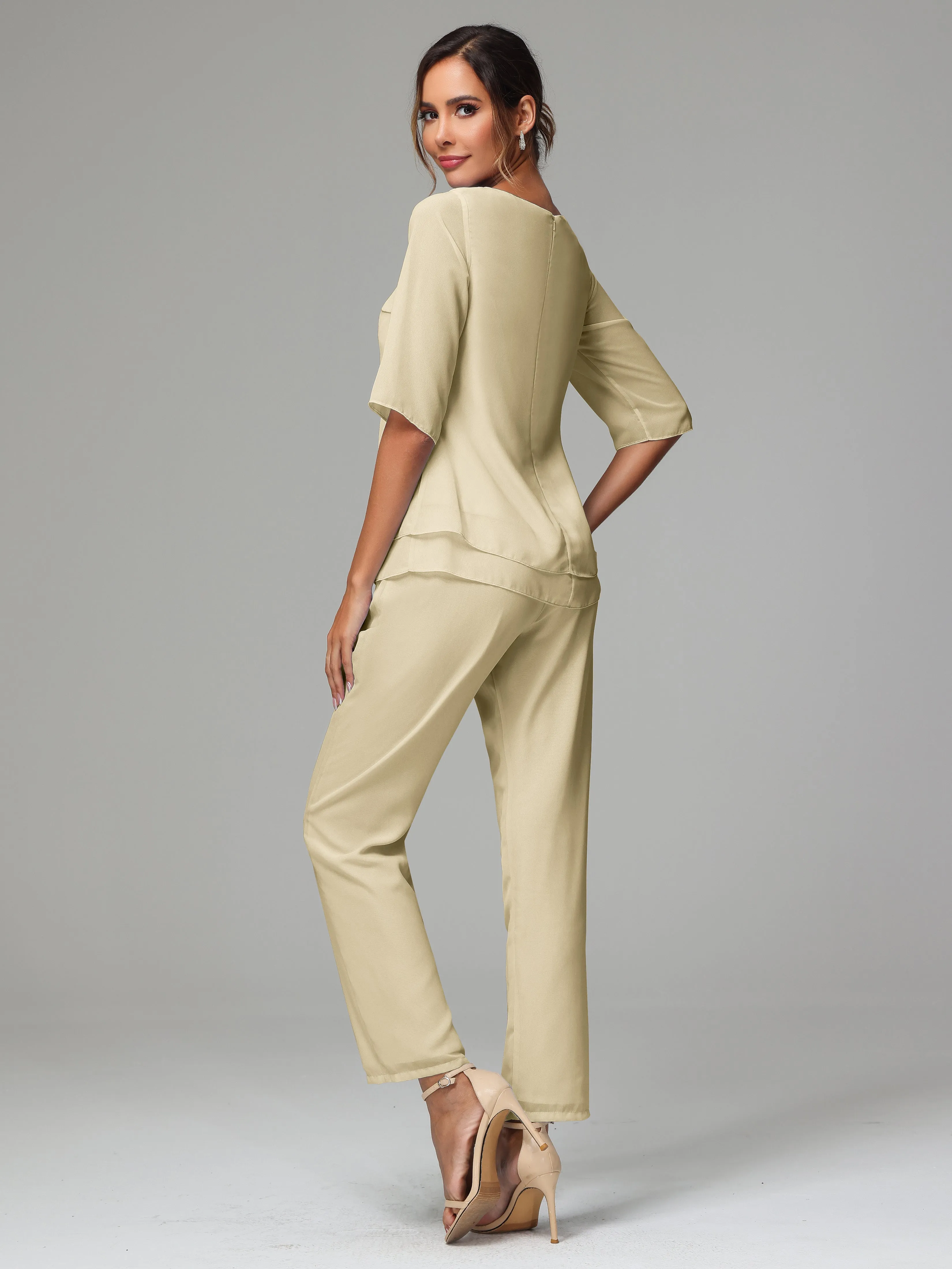 Simple Chiffon Half Sleeves Mother Of The Bride Dress Pants Suits