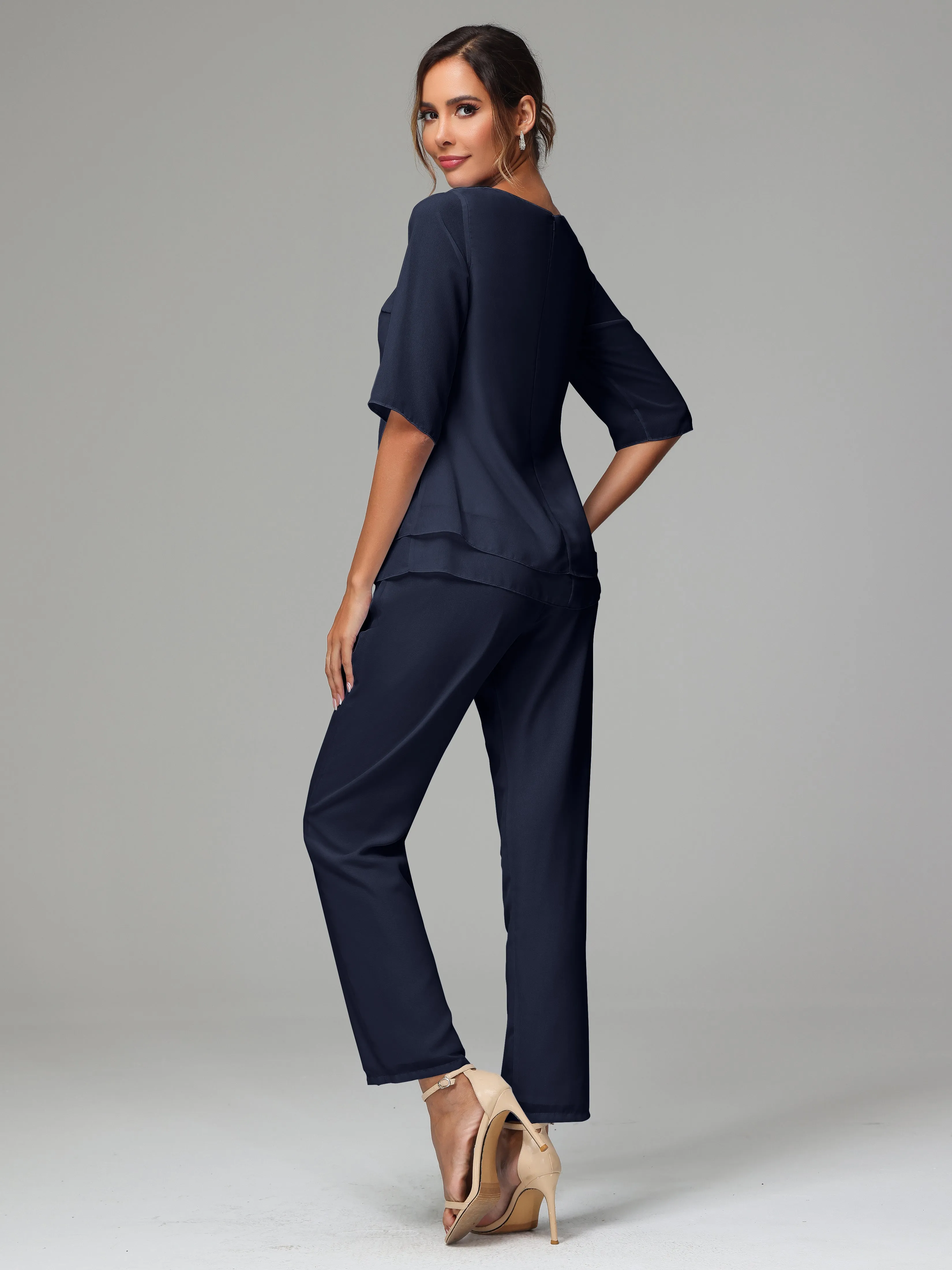 Simple Chiffon Half Sleeves Mother Of The Bride Dress Pants Suits