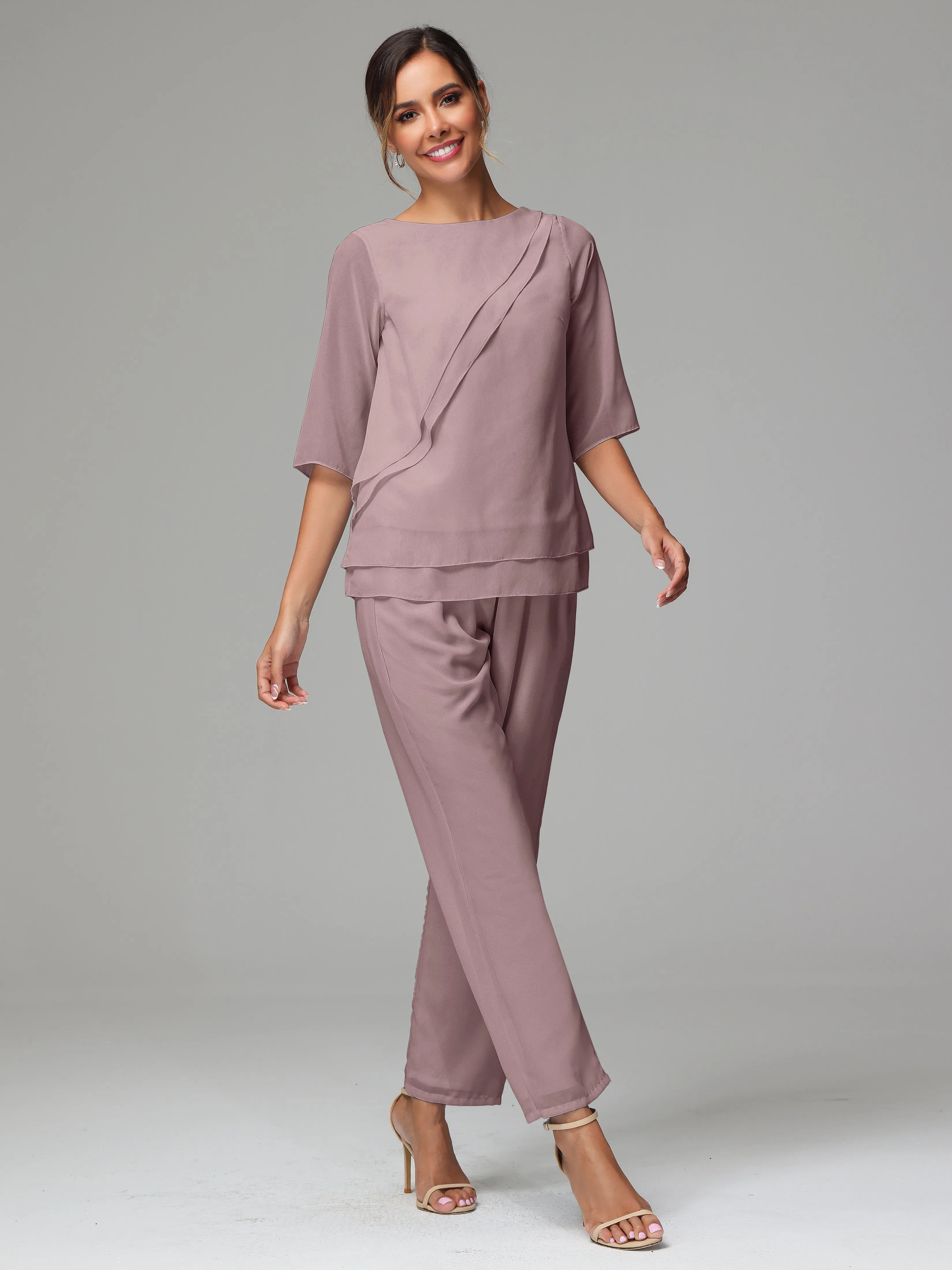 Simple Chiffon Half Sleeves Mother Of The Bride Dress Pants Suits