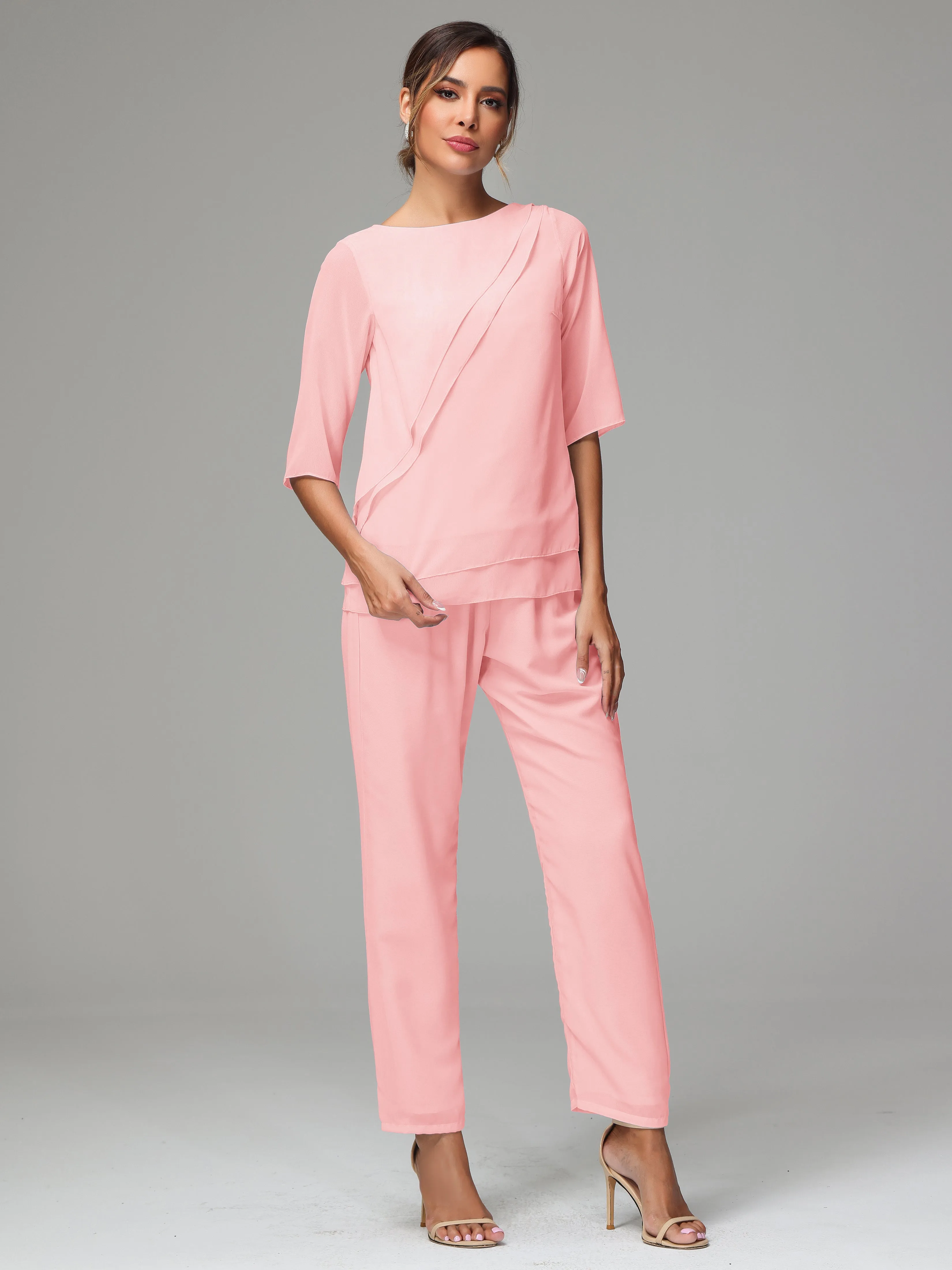 Simple Chiffon Half Sleeves Mother Of The Bride Dress Pants Suits