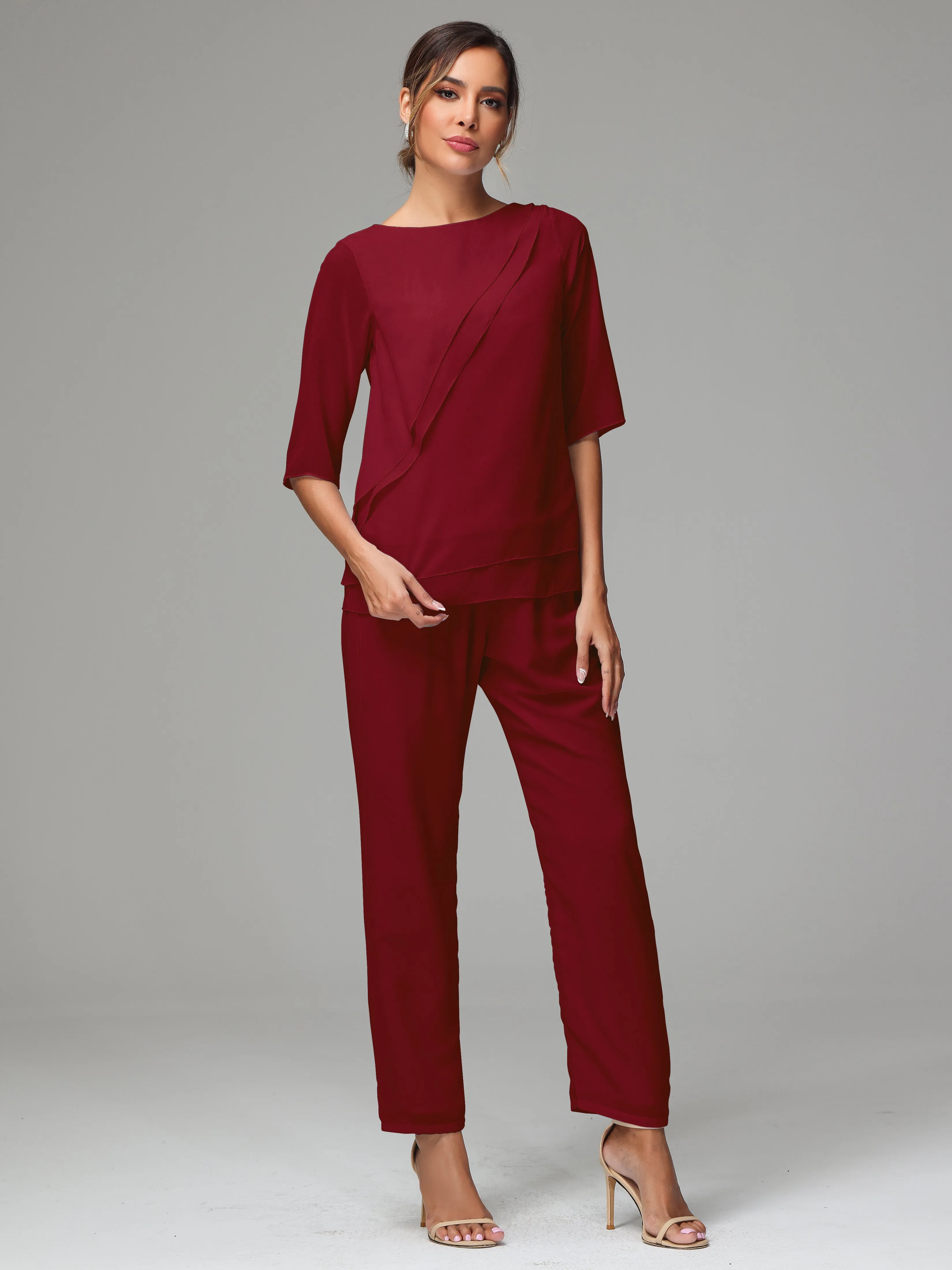 Simple Chiffon Half Sleeves Mother Of The Bride Dress Pants Suits