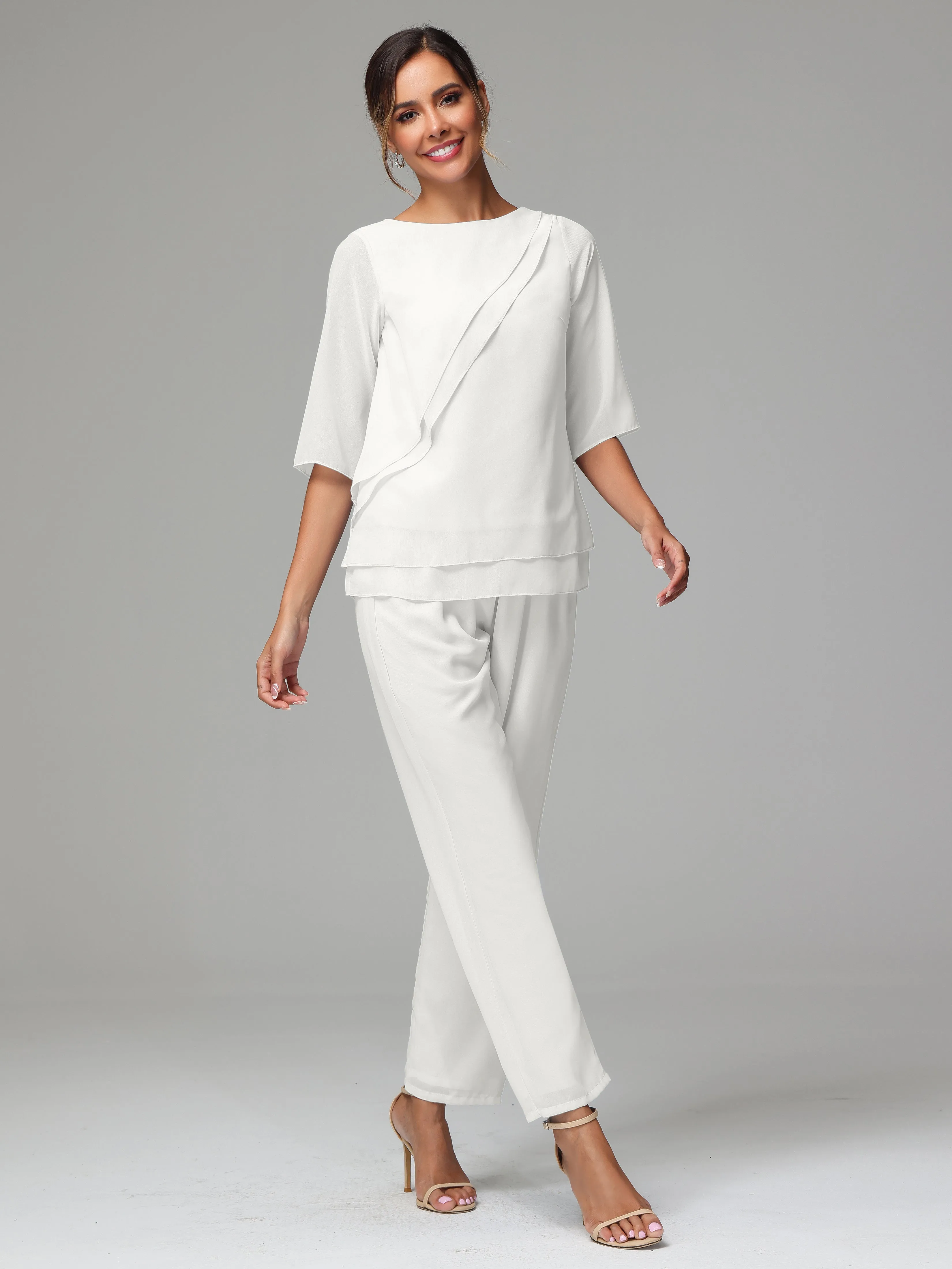 Simple Chiffon Half Sleeves Mother Of The Bride Dress Pants Suits
