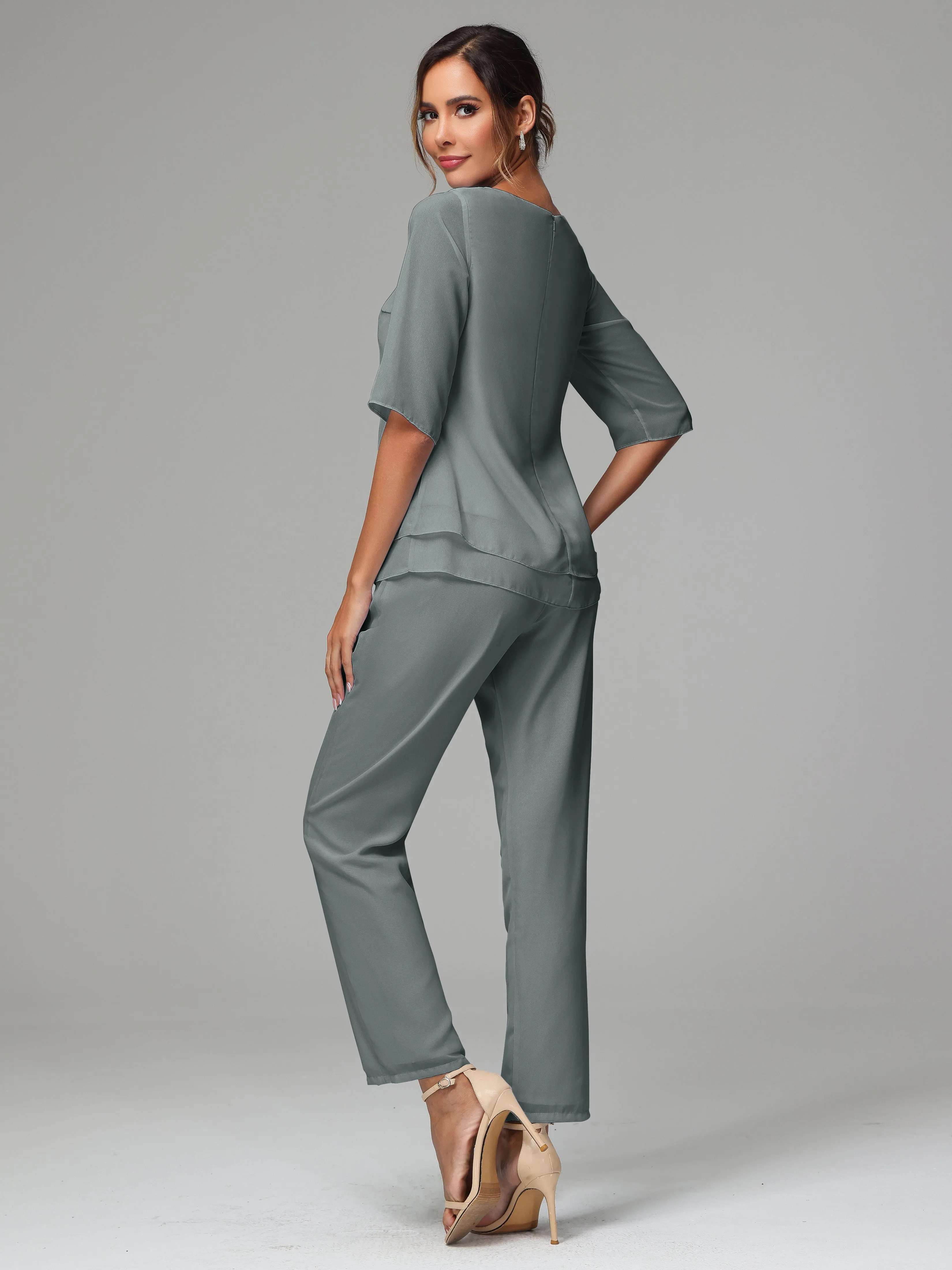 Simple Chiffon Half Sleeves Mother Of The Bride Dress Pants Suits