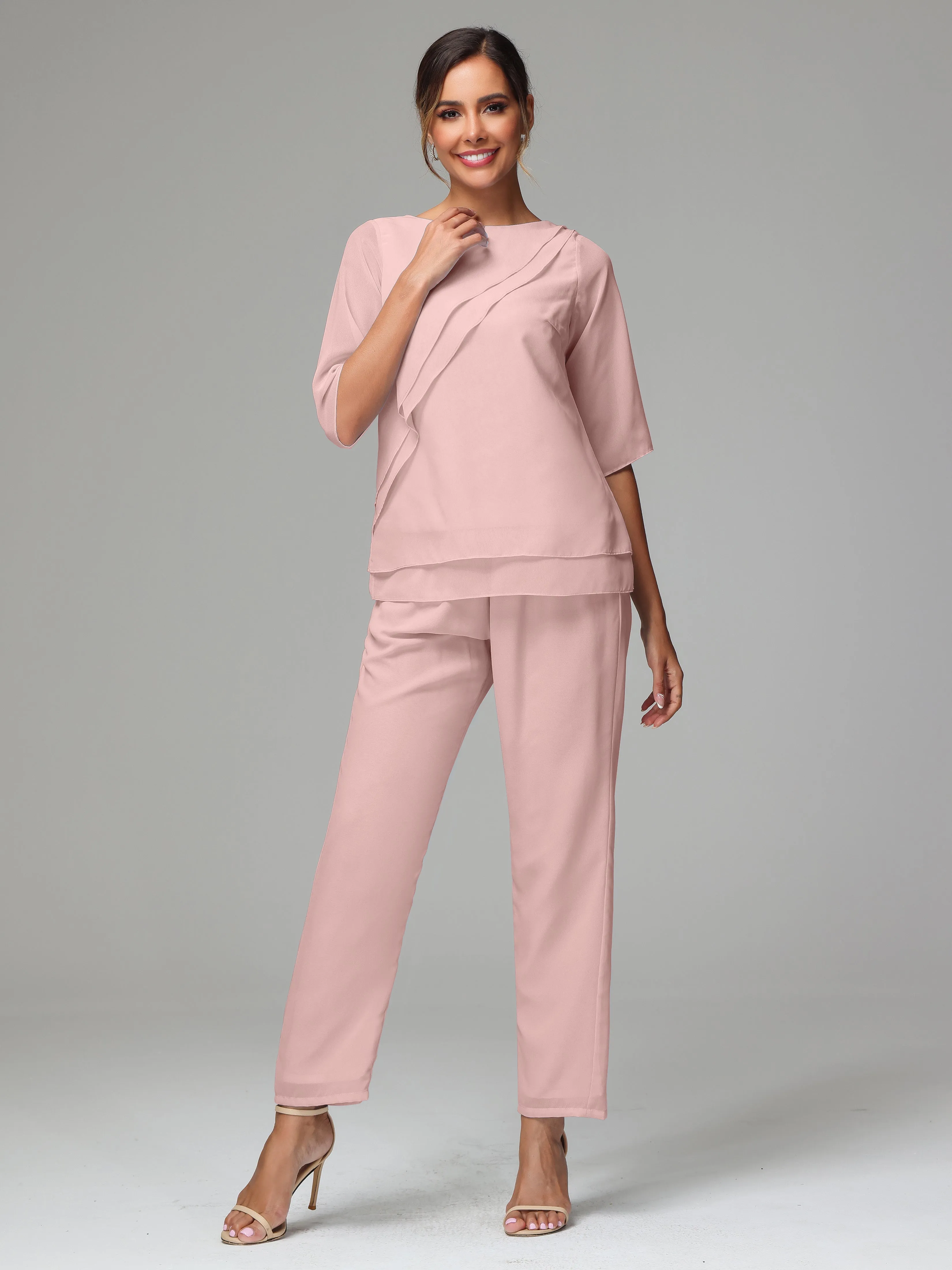 Simple Chiffon Half Sleeves Mother Of The Bride Dress Pants Suits