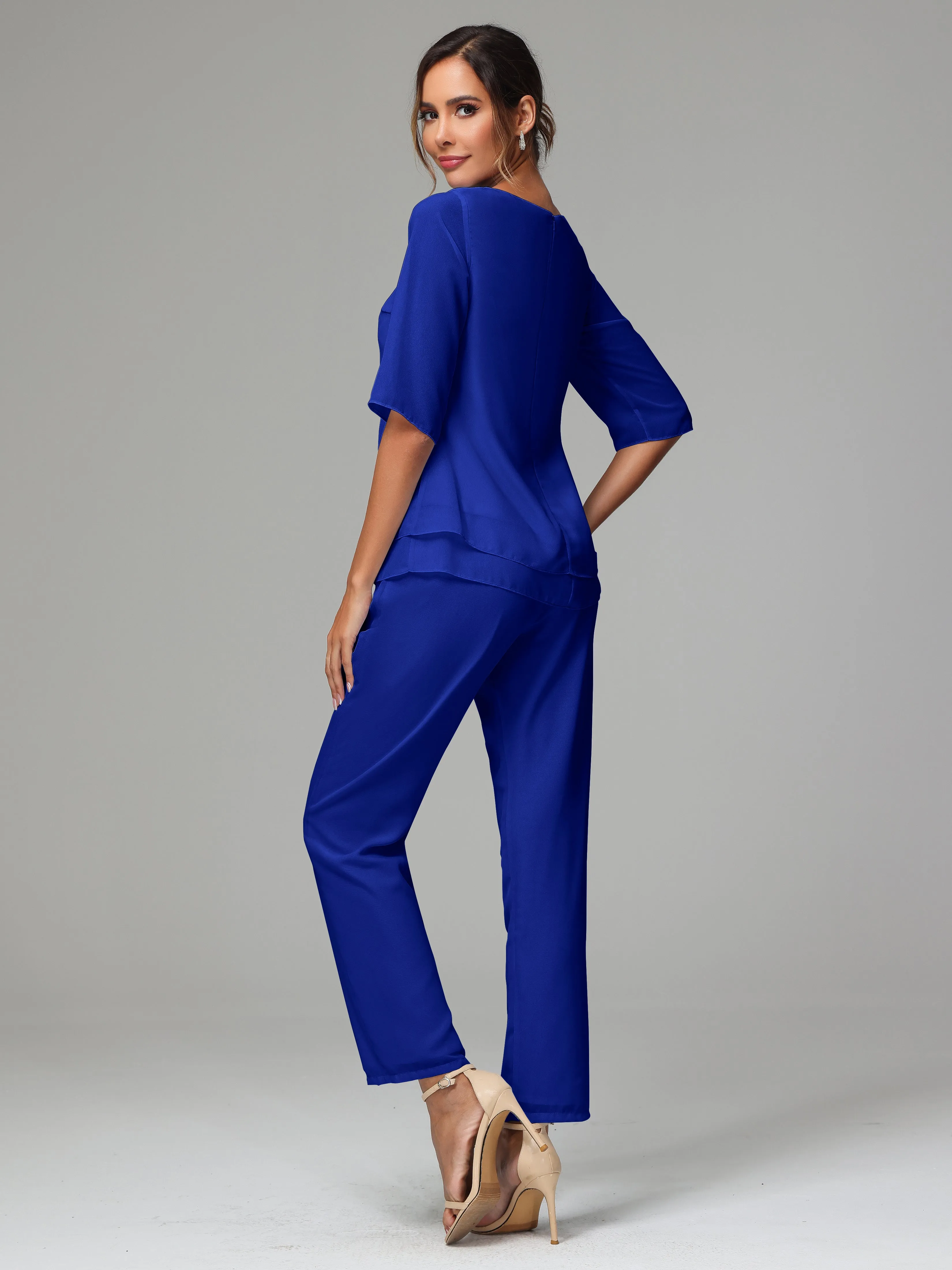 Simple Chiffon Half Sleeves Mother Of The Bride Dress Pants Suits