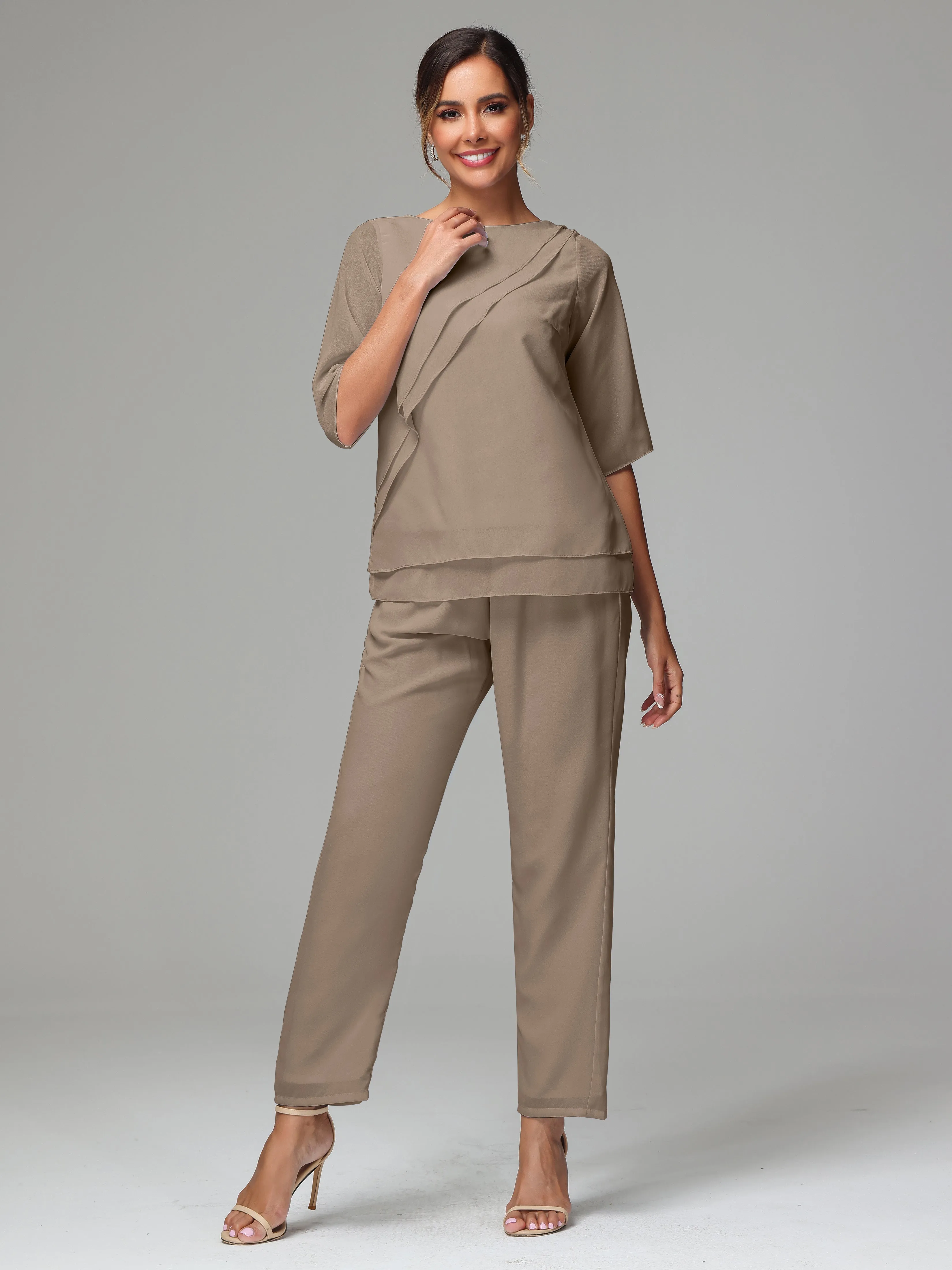 Simple Chiffon Half Sleeves Mother Of The Bride Dress Pants Suits