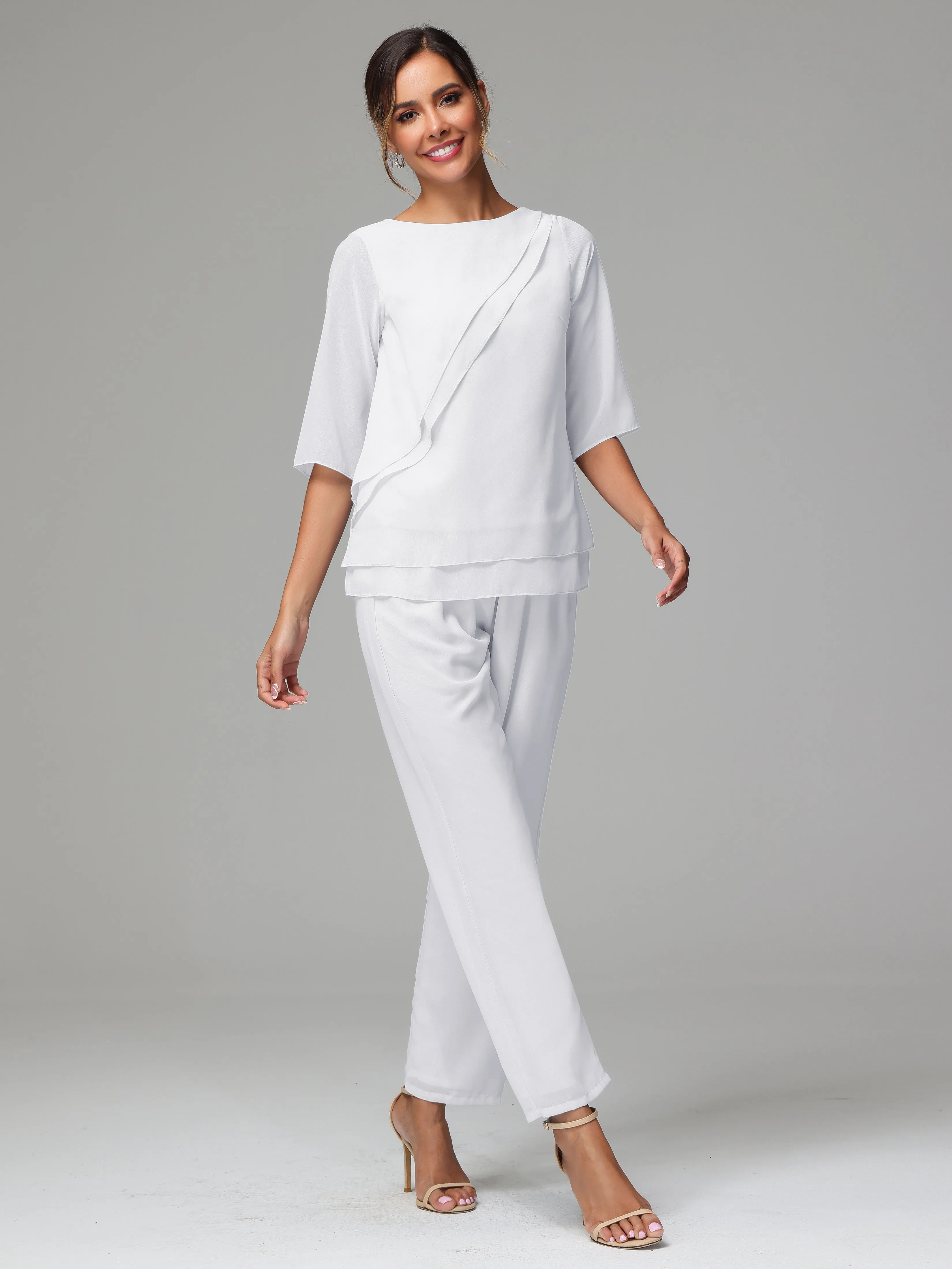 Simple Chiffon Half Sleeves Mother Of The Bride Dress Pants Suits