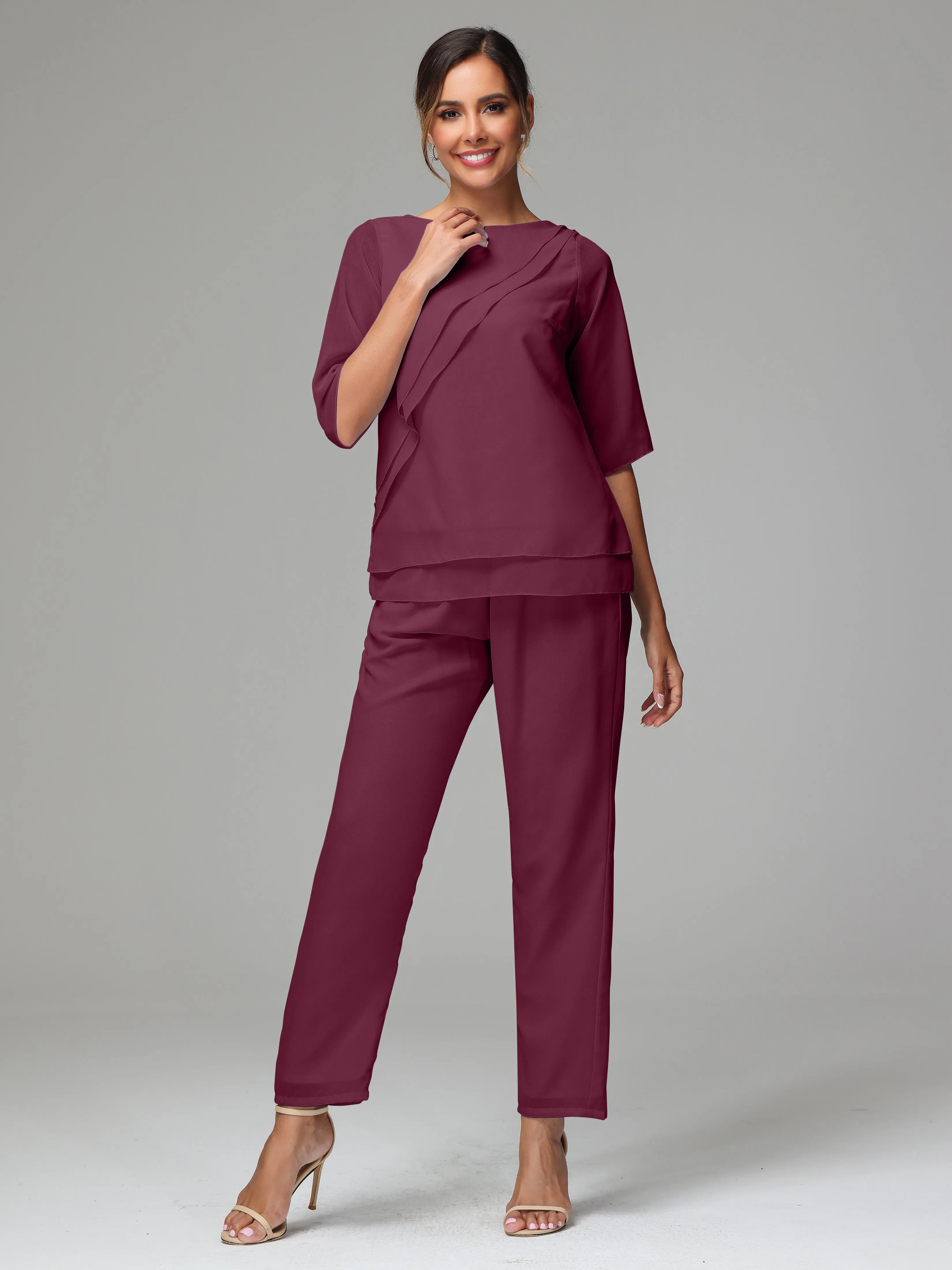 Simple Chiffon Half Sleeves Mother Of The Bride Dress Pants Suits
