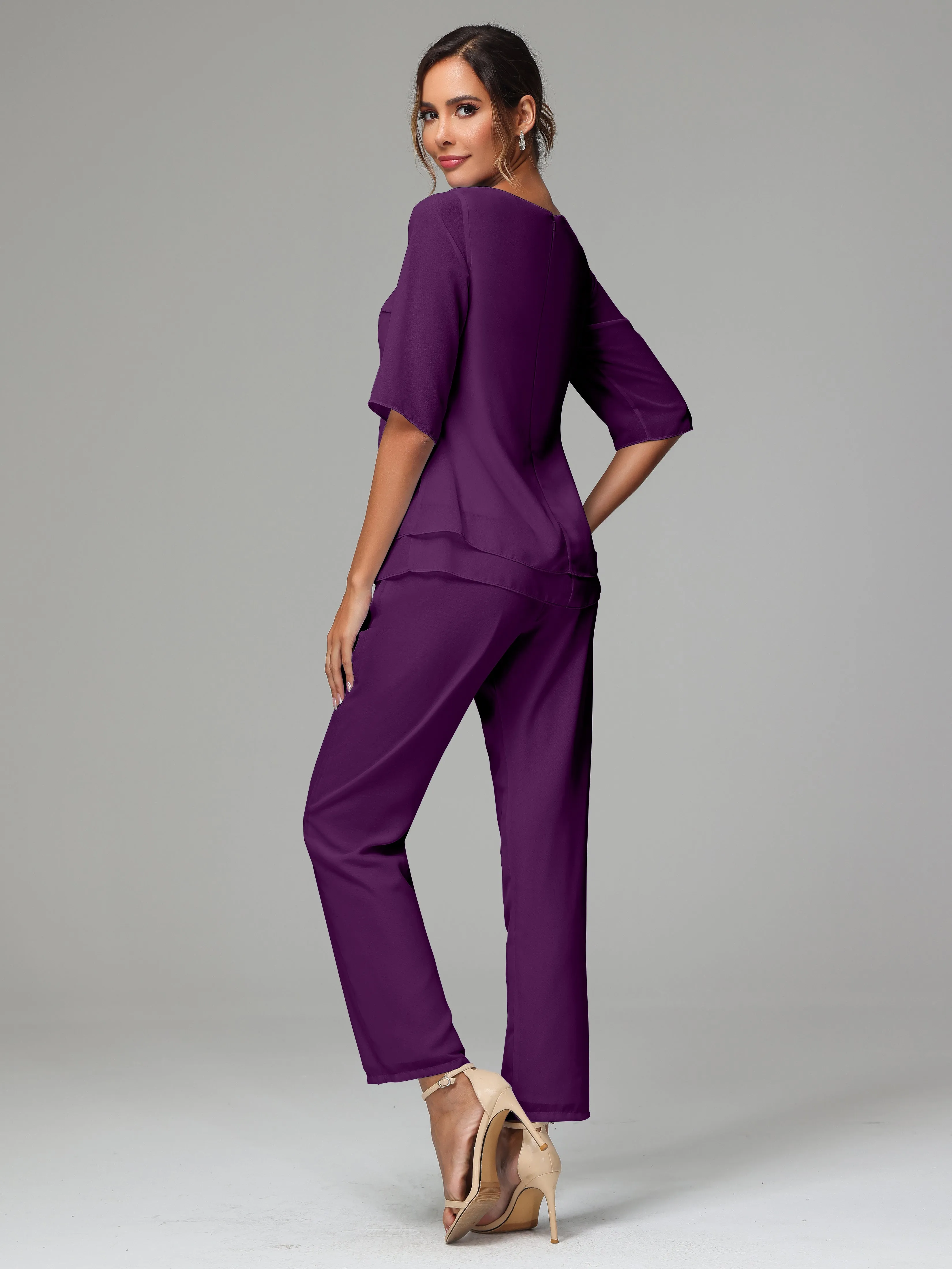 Simple Chiffon Half Sleeves Mother Of The Bride Dress Pants Suits