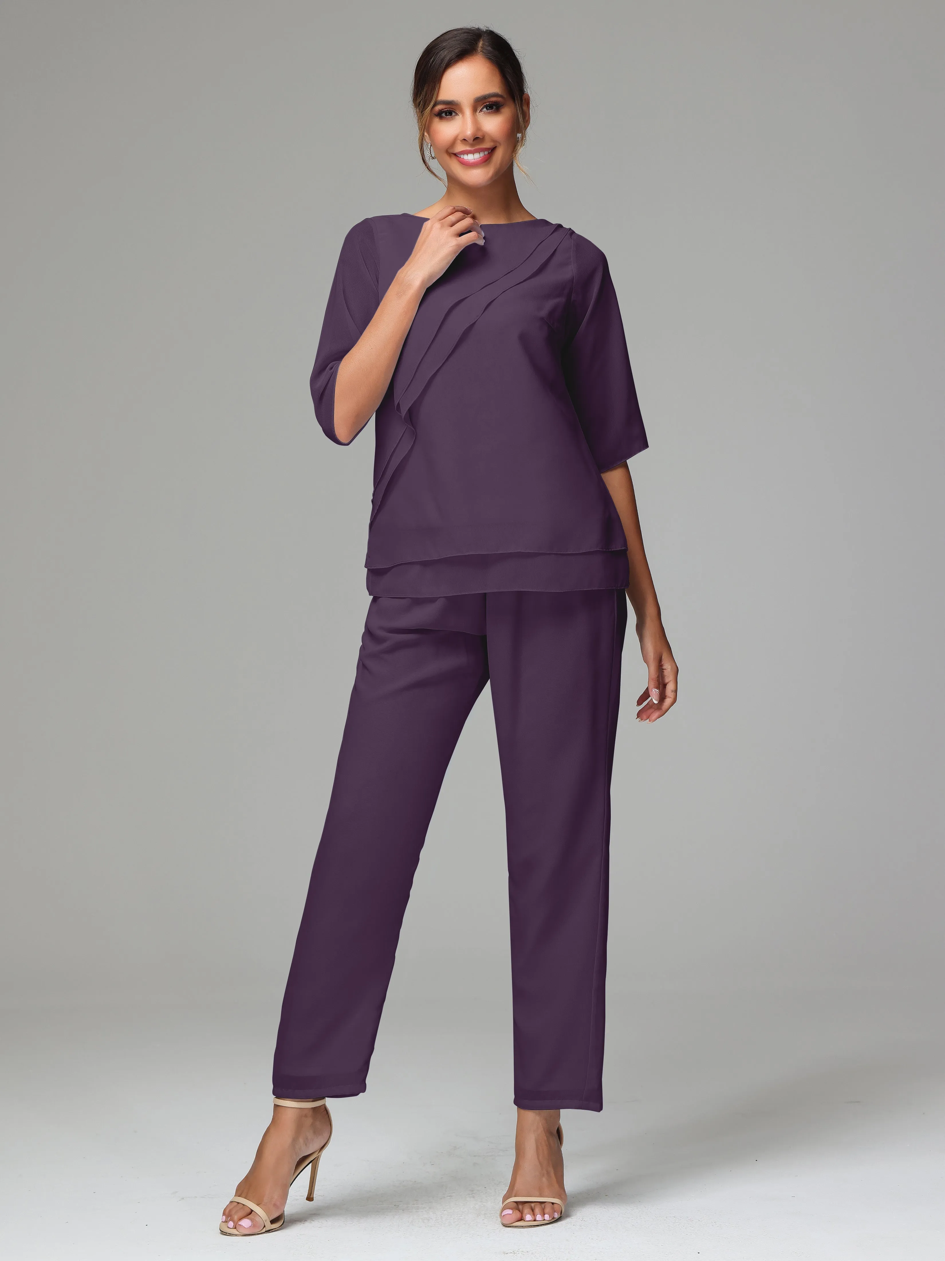 Simple Chiffon Half Sleeves Mother Of The Bride Dress Pants Suits