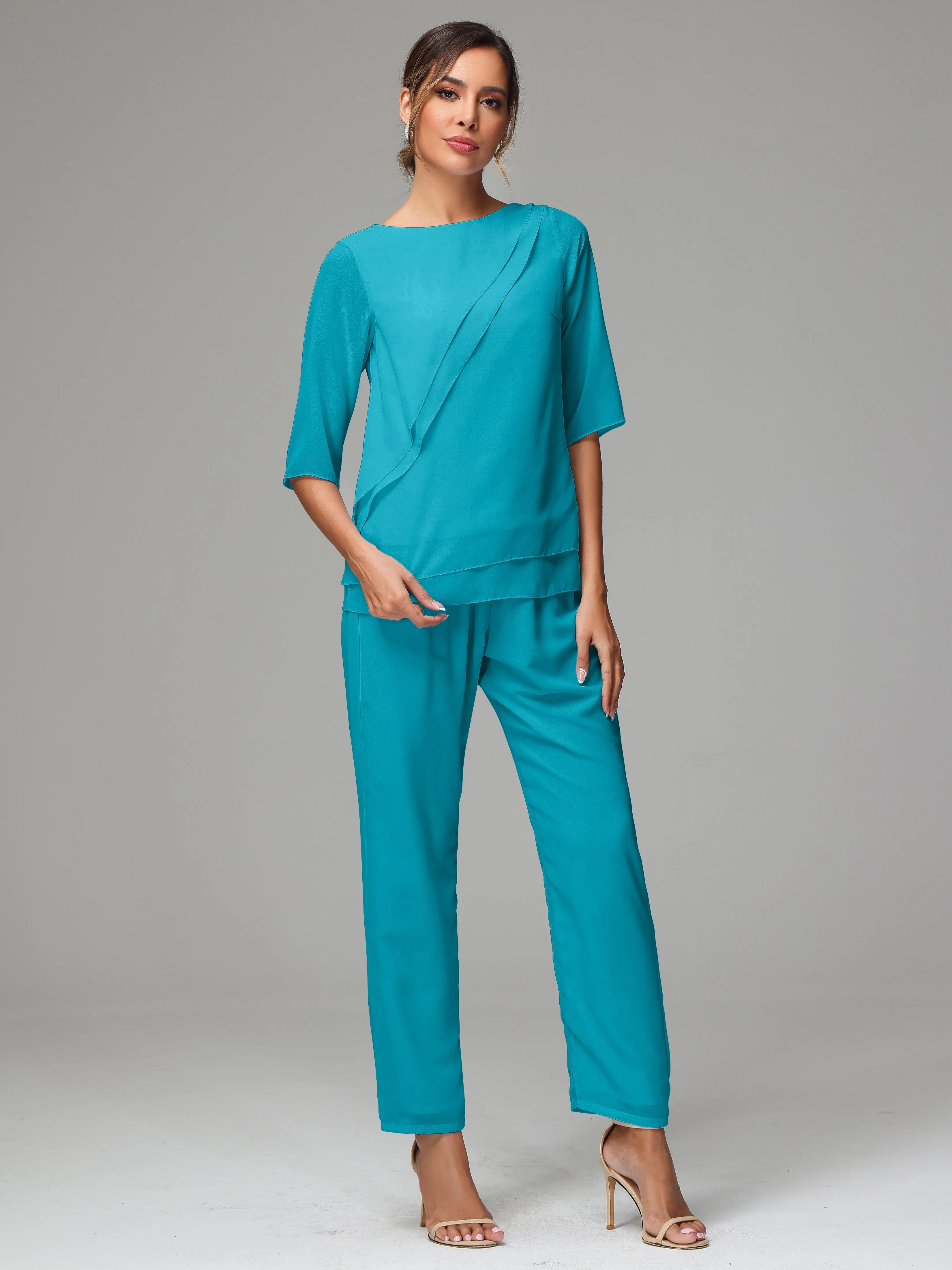 Simple Chiffon Half Sleeves Mother Of The Bride Dress Pants Suits