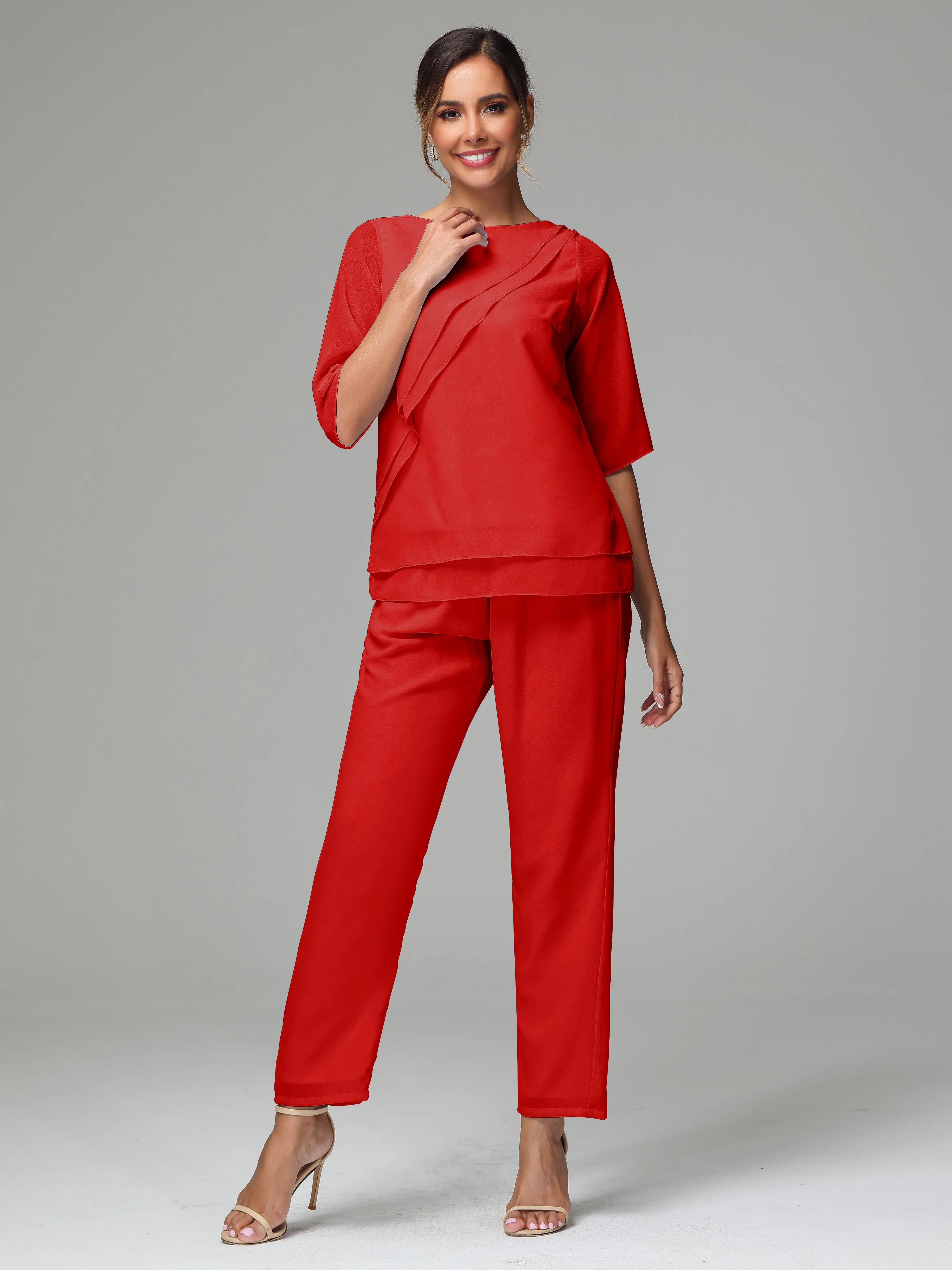 Simple Chiffon Half Sleeves Mother Of The Bride Dress Pants Suits