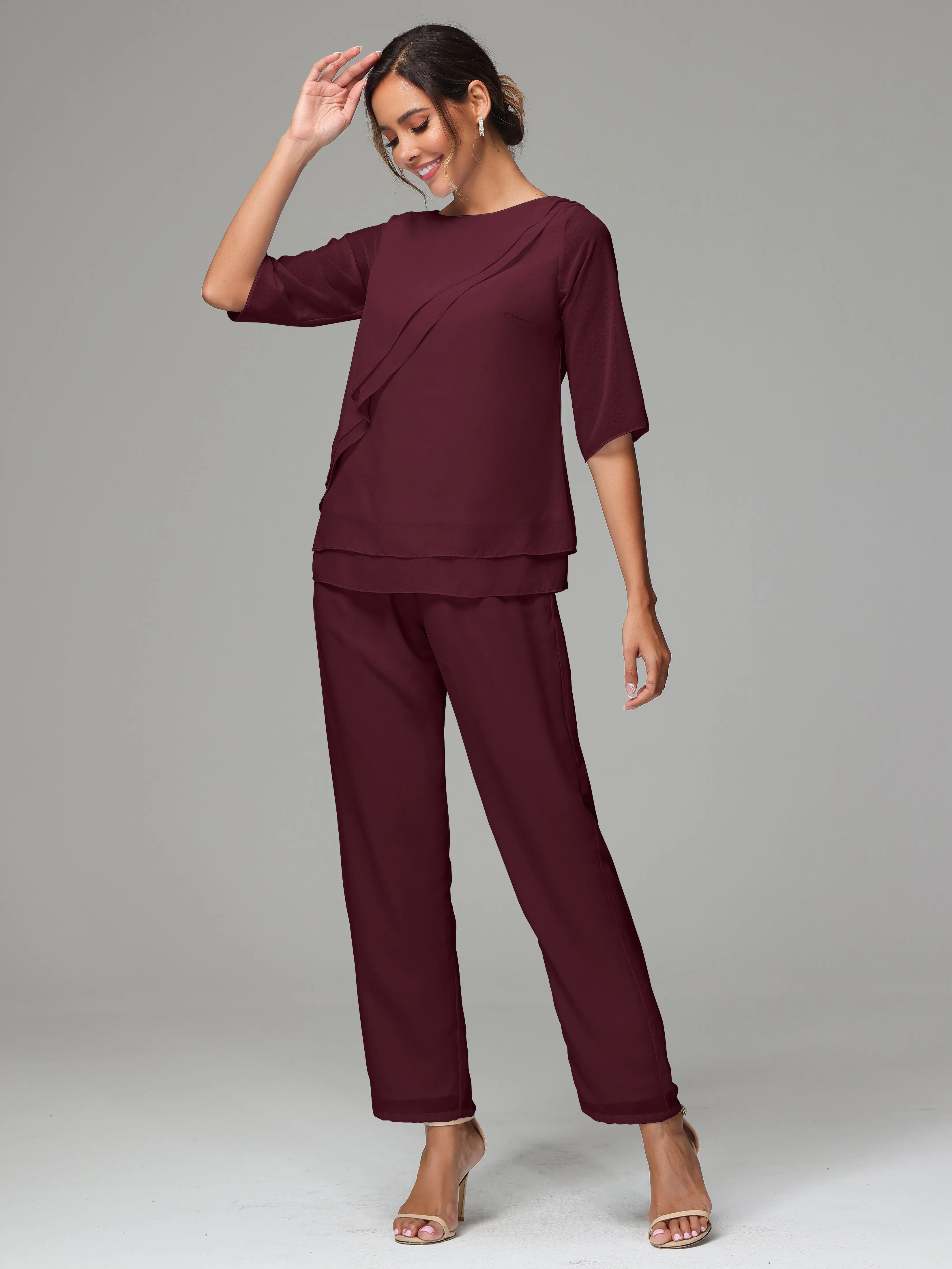 Simple Chiffon Half Sleeves Mother Of The Bride Dress Pants Suits