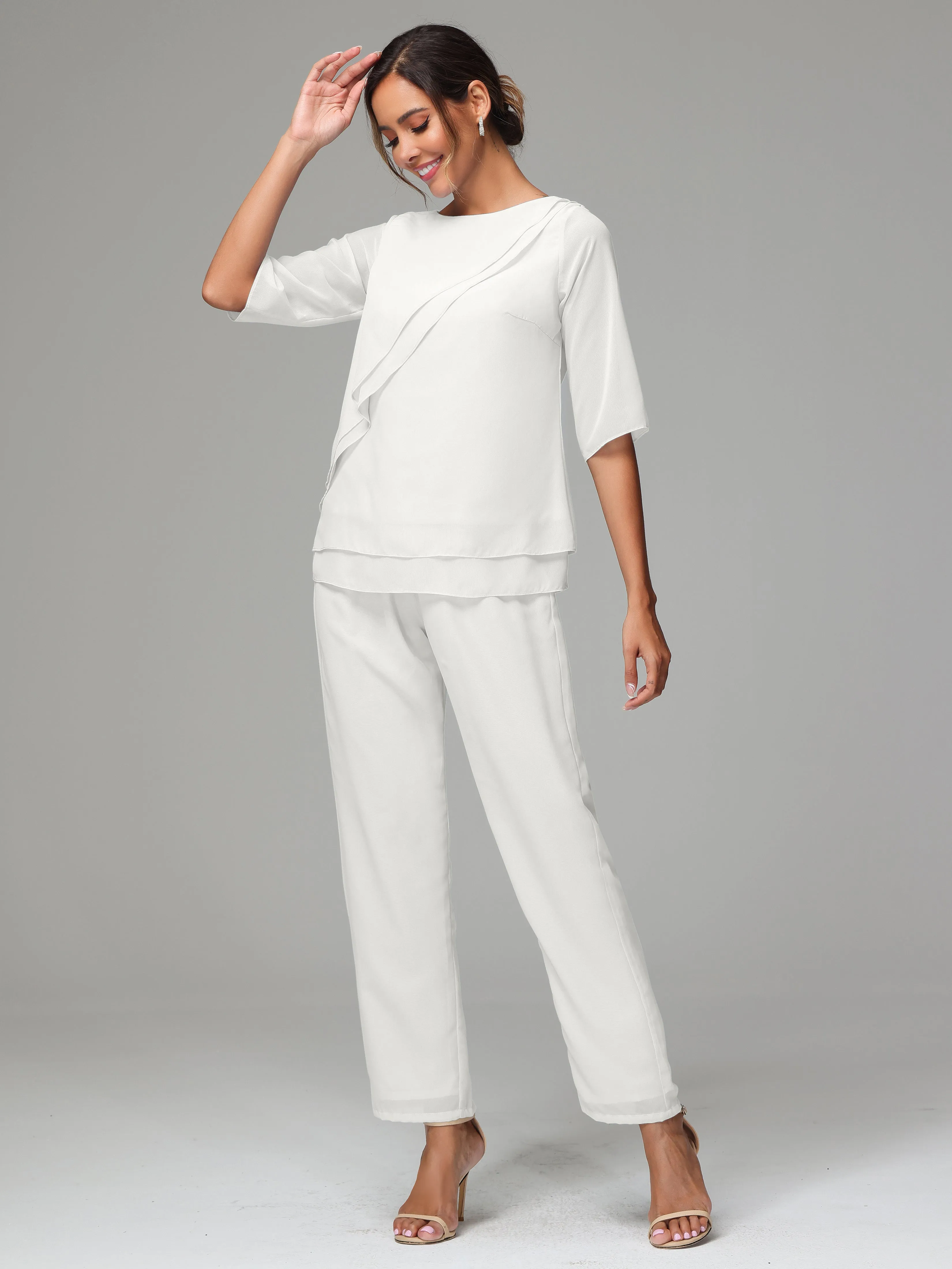 Simple Chiffon Half Sleeves Mother Of The Bride Dress Pants Suits