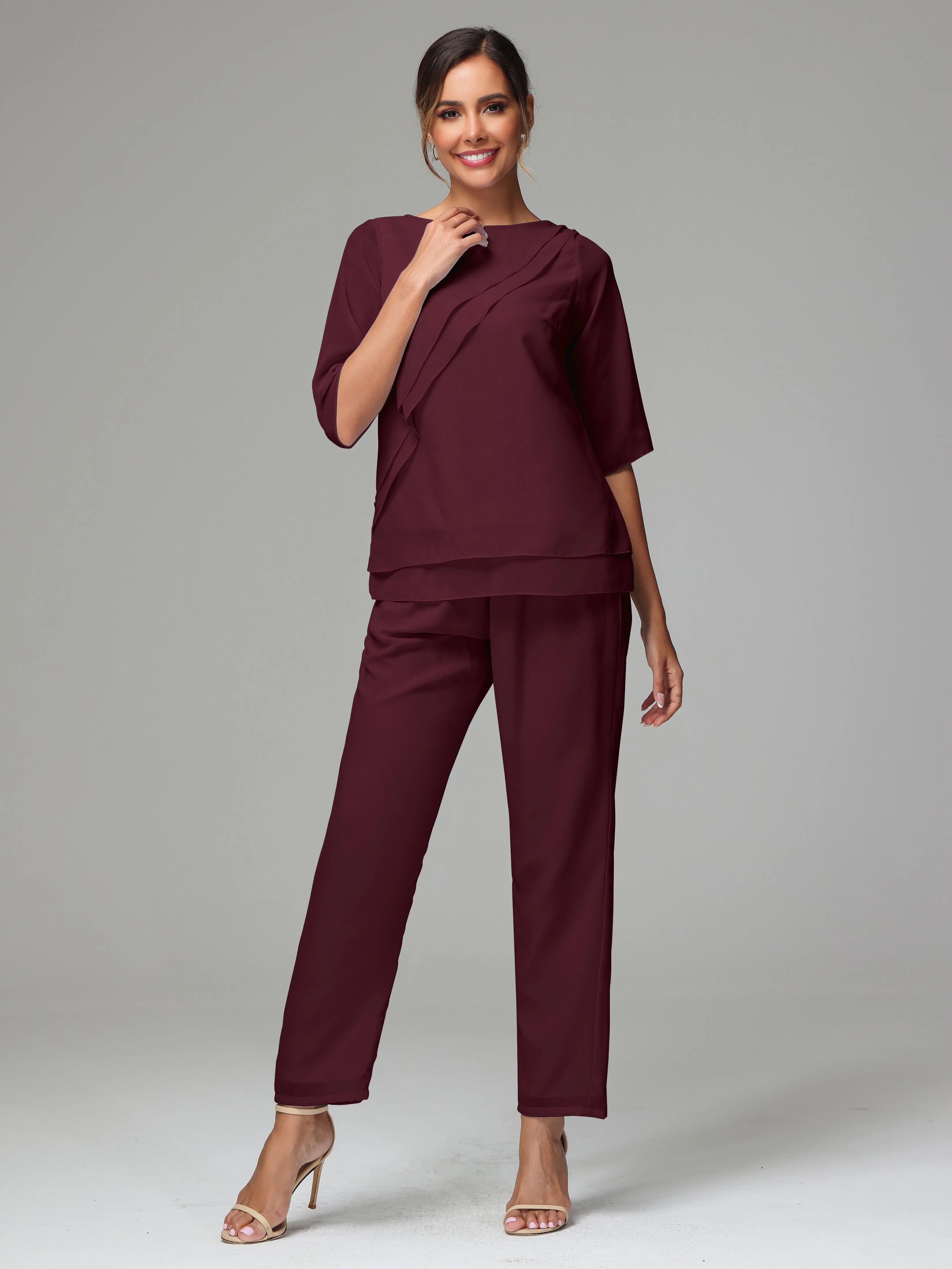 Simple Chiffon Half Sleeves Mother Of The Bride Dress Pants Suits