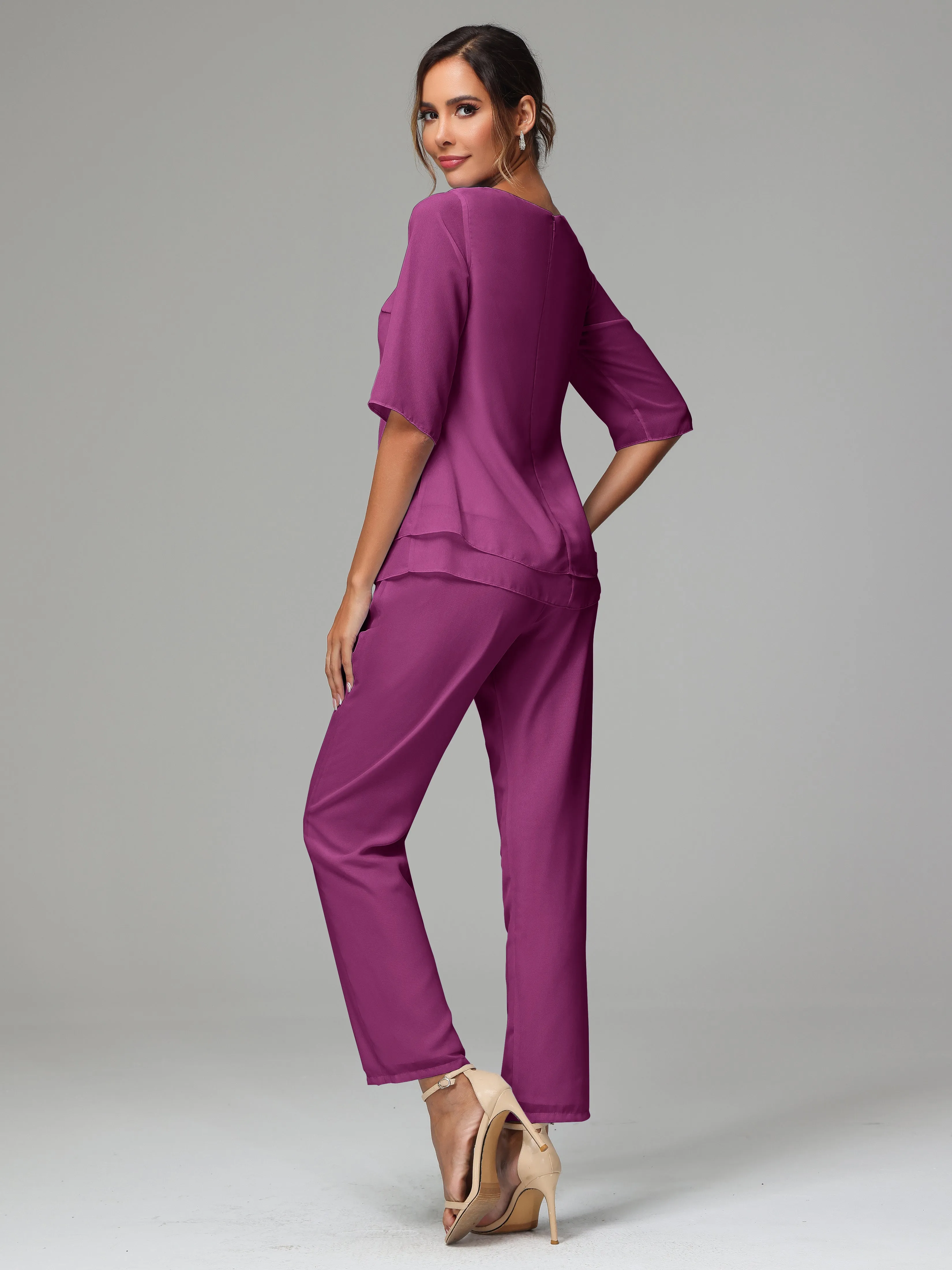 Simple Chiffon Half Sleeves Mother Of The Bride Dress Pants Suits