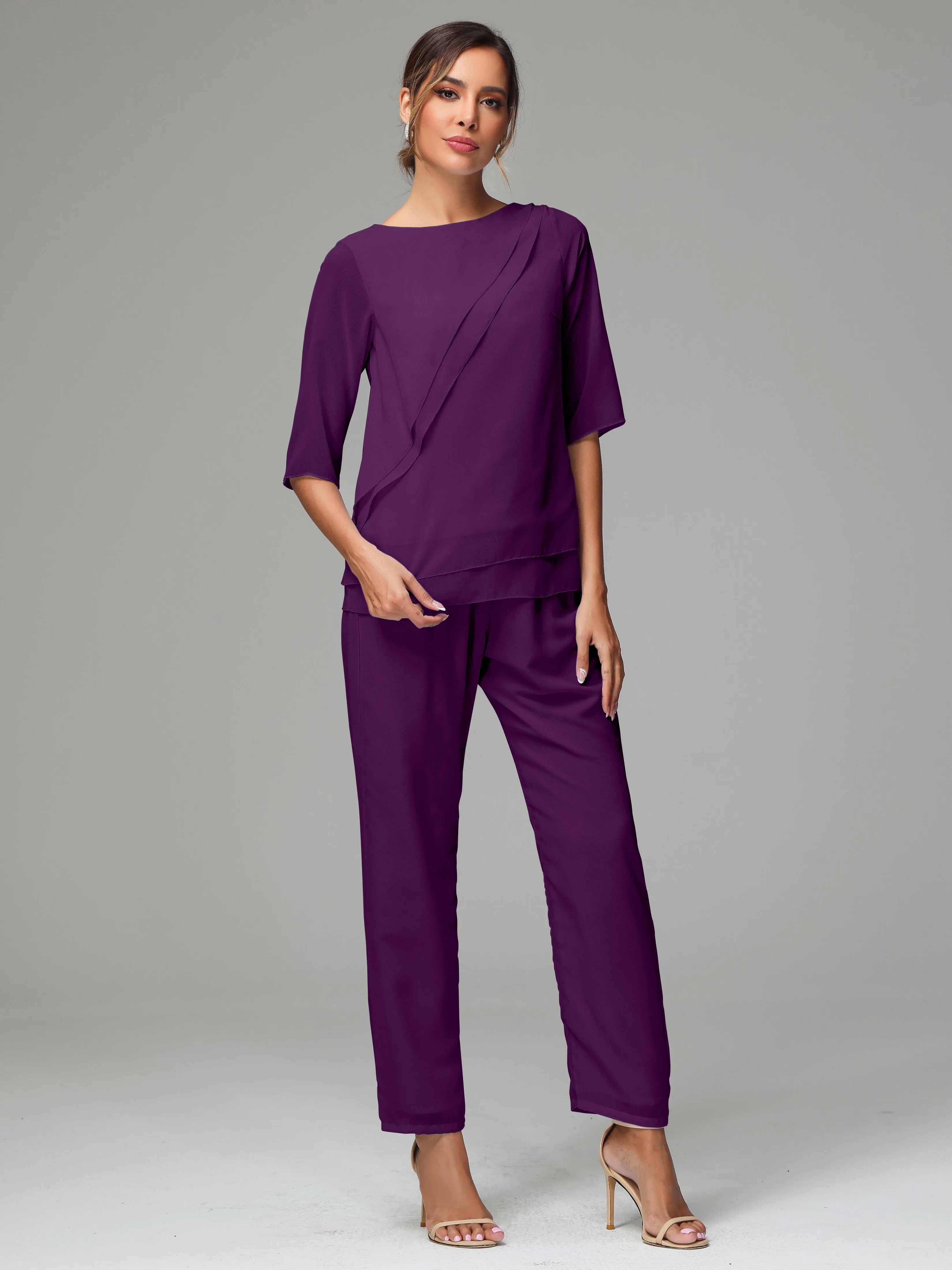Simple Chiffon Half Sleeves Mother Of The Bride Dress Pants Suits