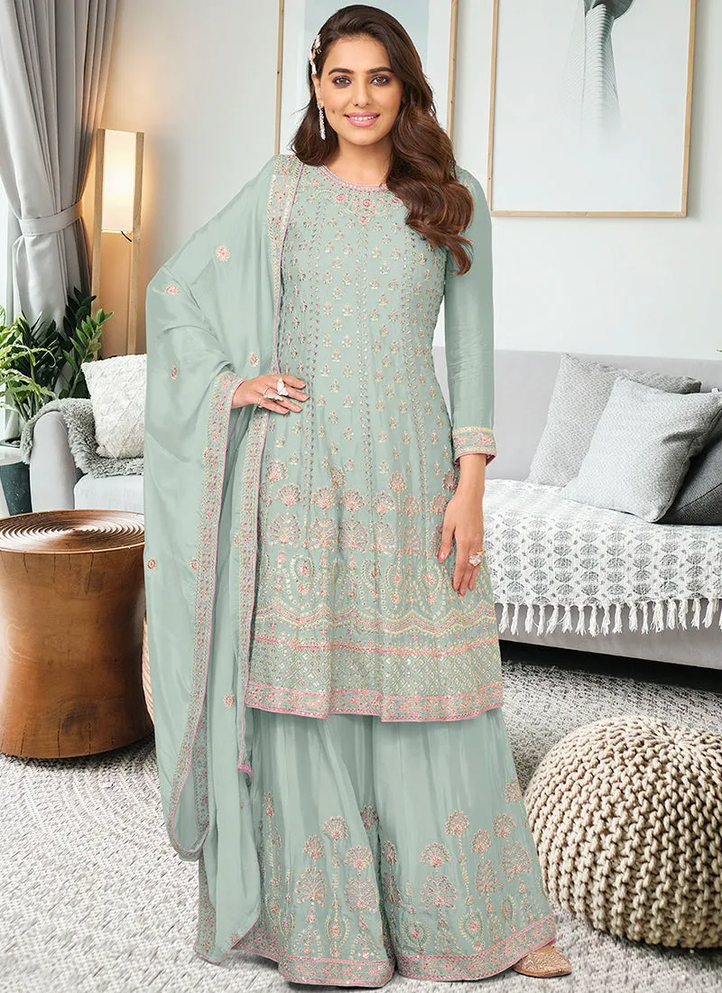 Sky Blue Multi Embroidery Traditional Gharara Suit
