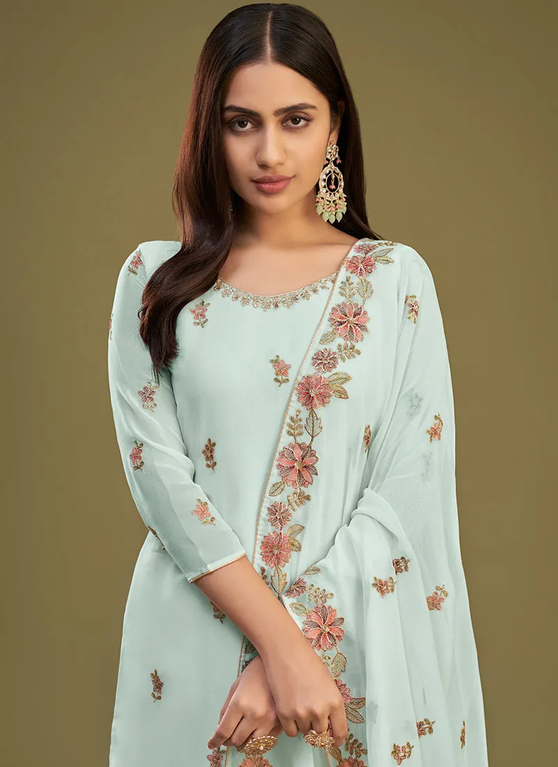 Sky Blue Sequence Embroidery Traditional Gharara Style Suit