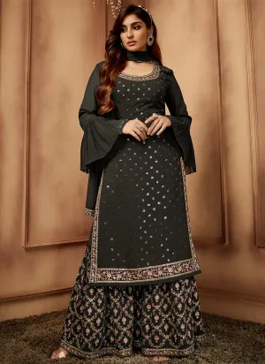 Slate Grey Sequence Embroidery Festive Sharara Style Suit