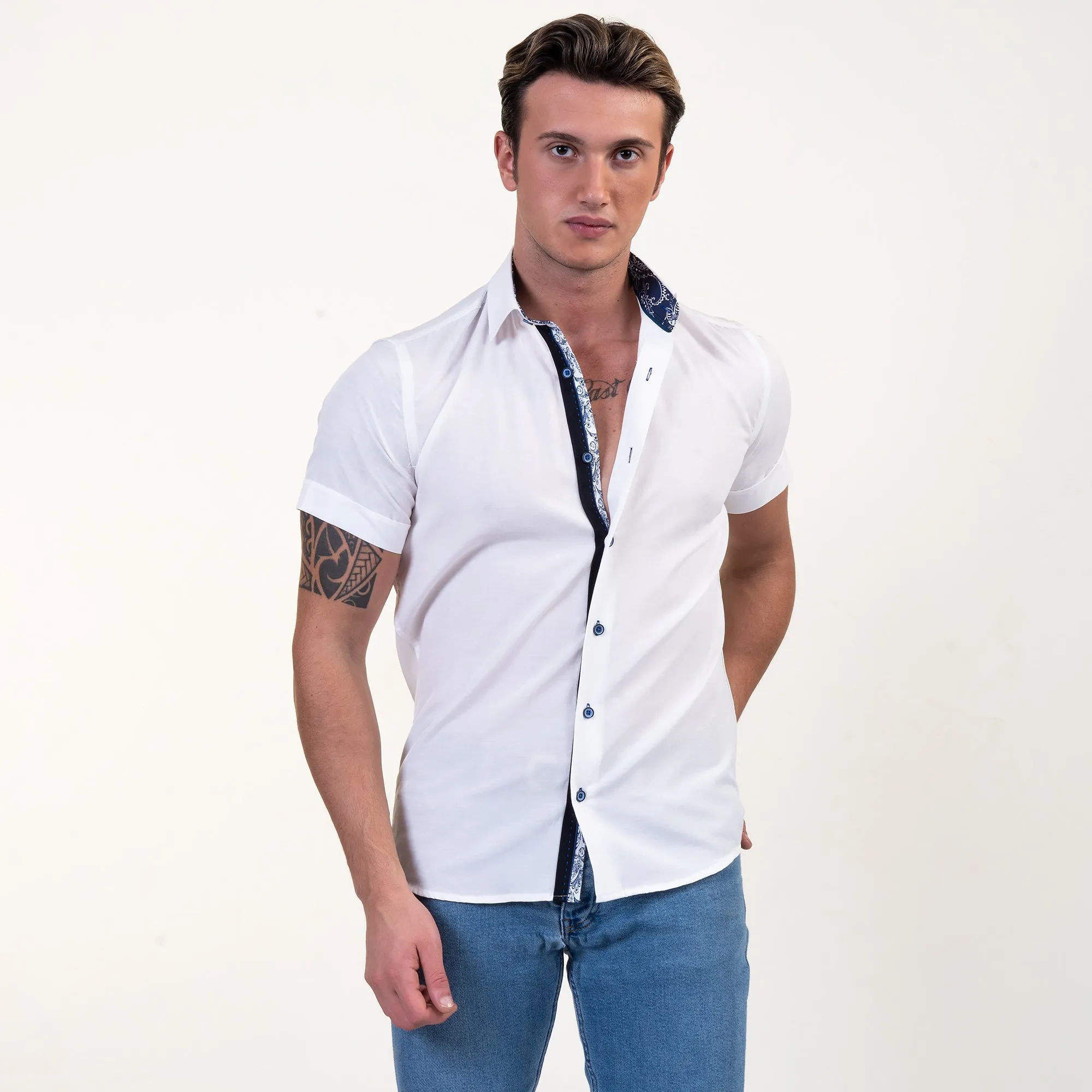 Solid White Mens Short Sleeve Button up Shirts - Tailored Slim Fit Cotton Dress Shirts