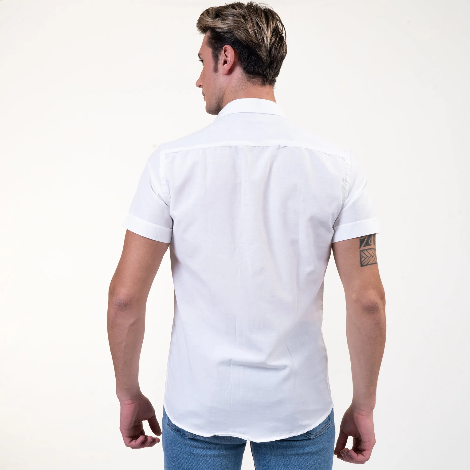 Solid White Mens Short Sleeve Button up Shirts - Tailored Slim Fit Cotton Dress Shirts