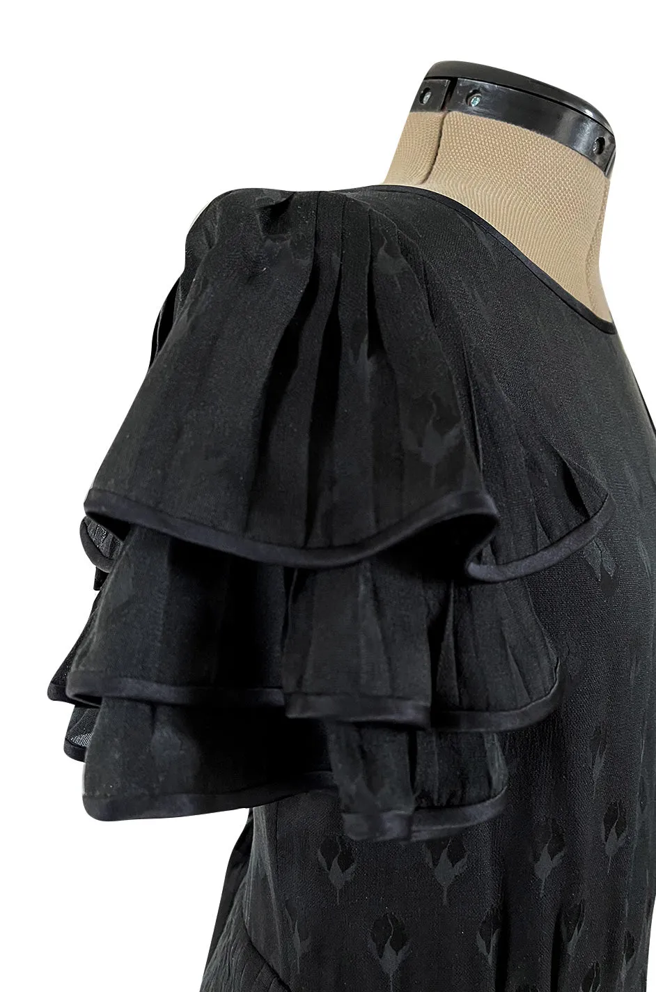 Spring 1980 Valentino Haute Couture Black Floral Silk Dress w Ruffle Sleeves & Pleated Skirt
