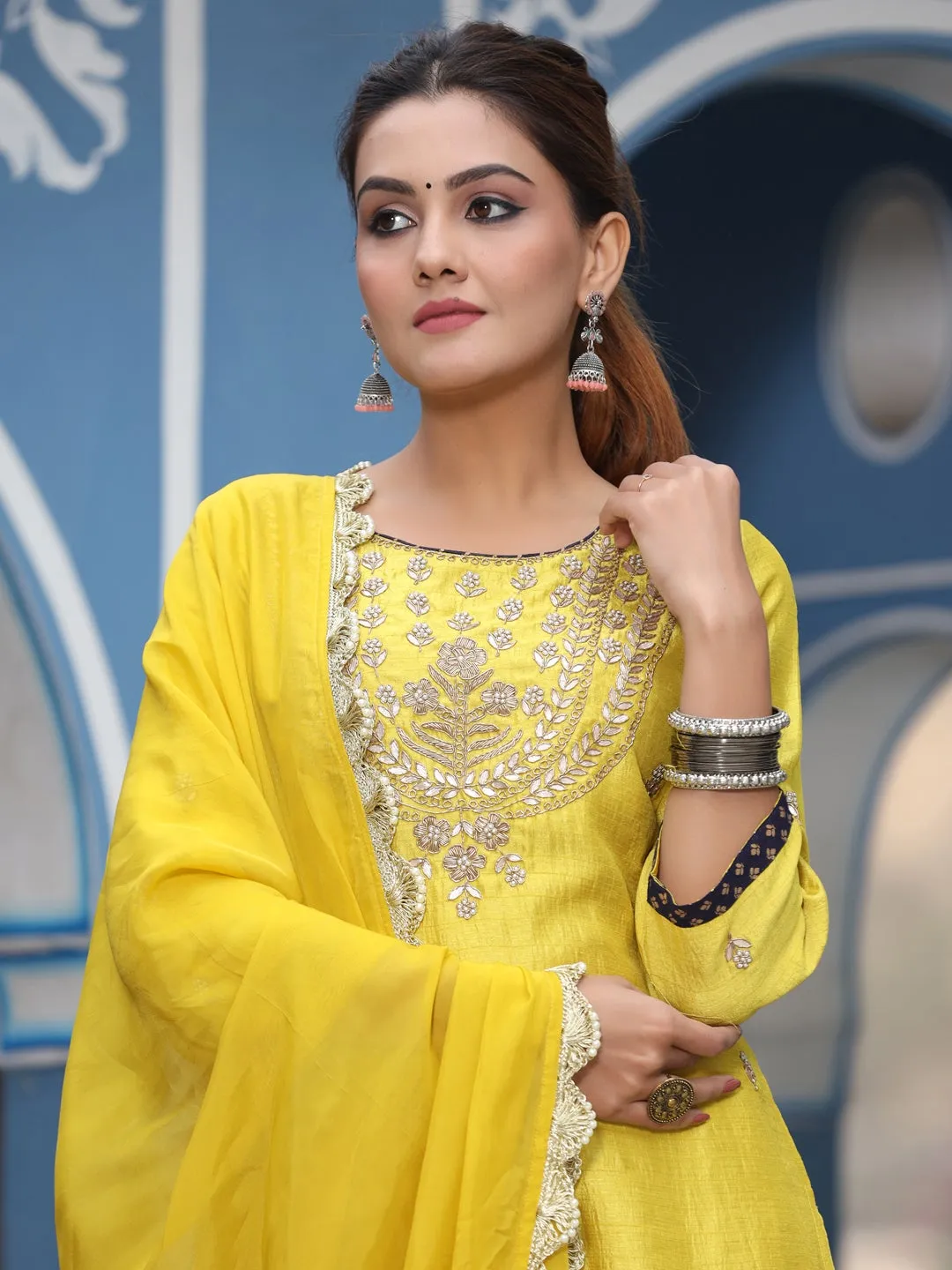 Straight Embroidered Kurta With Sharara & Dupatta