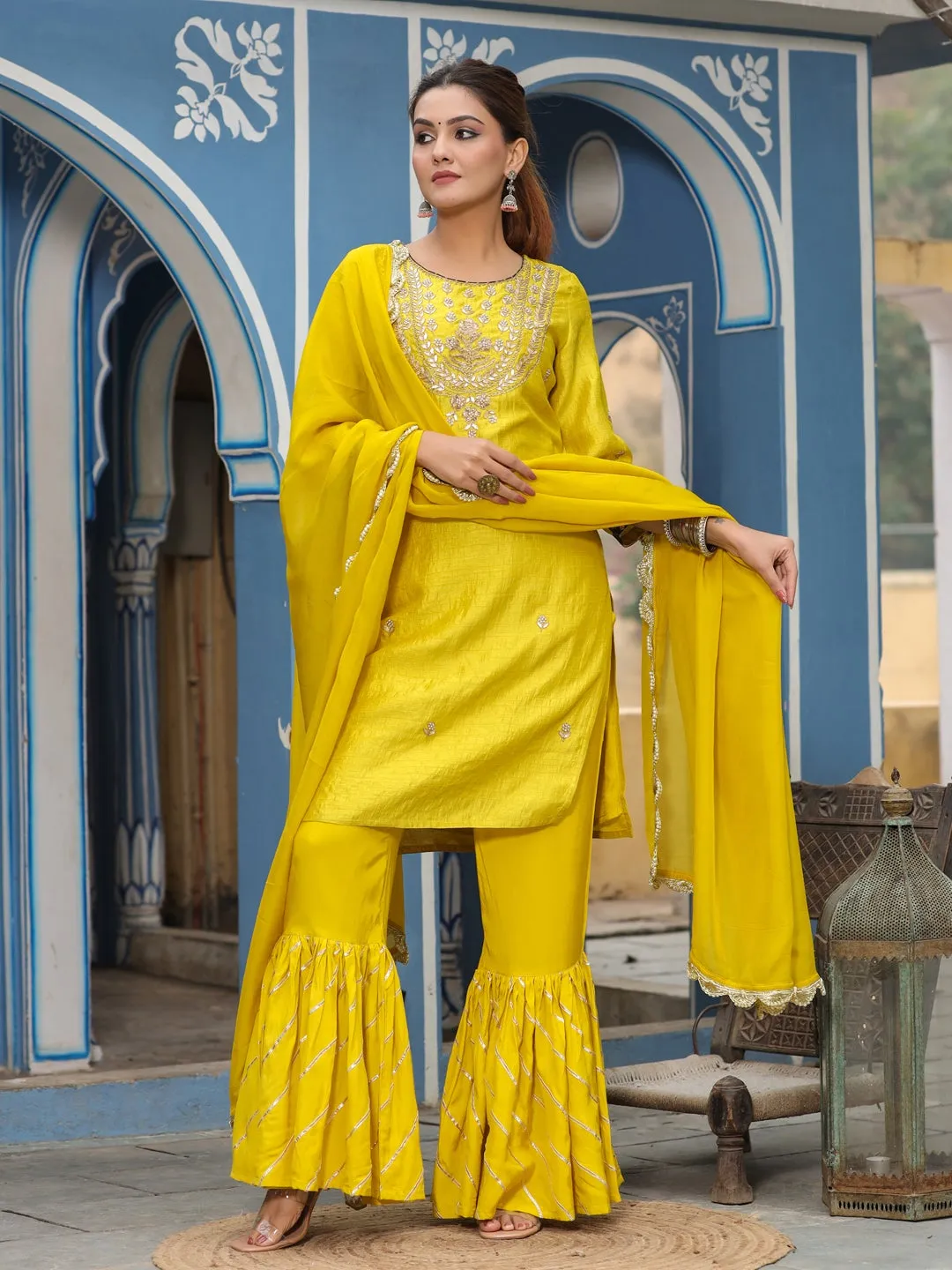 Straight Embroidered Kurta With Sharara & Dupatta