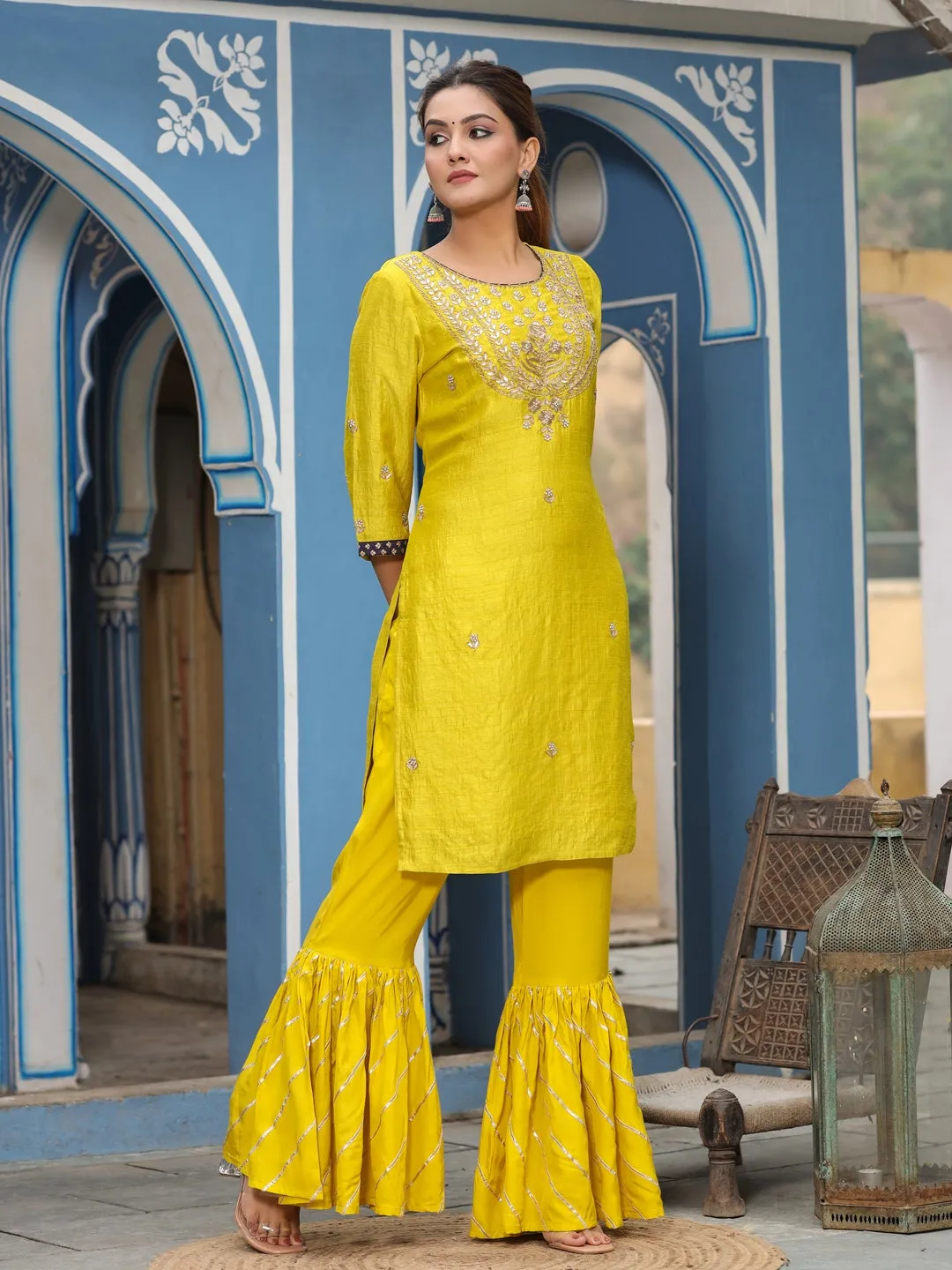 Straight Embroidered Kurta With Sharara & Dupatta