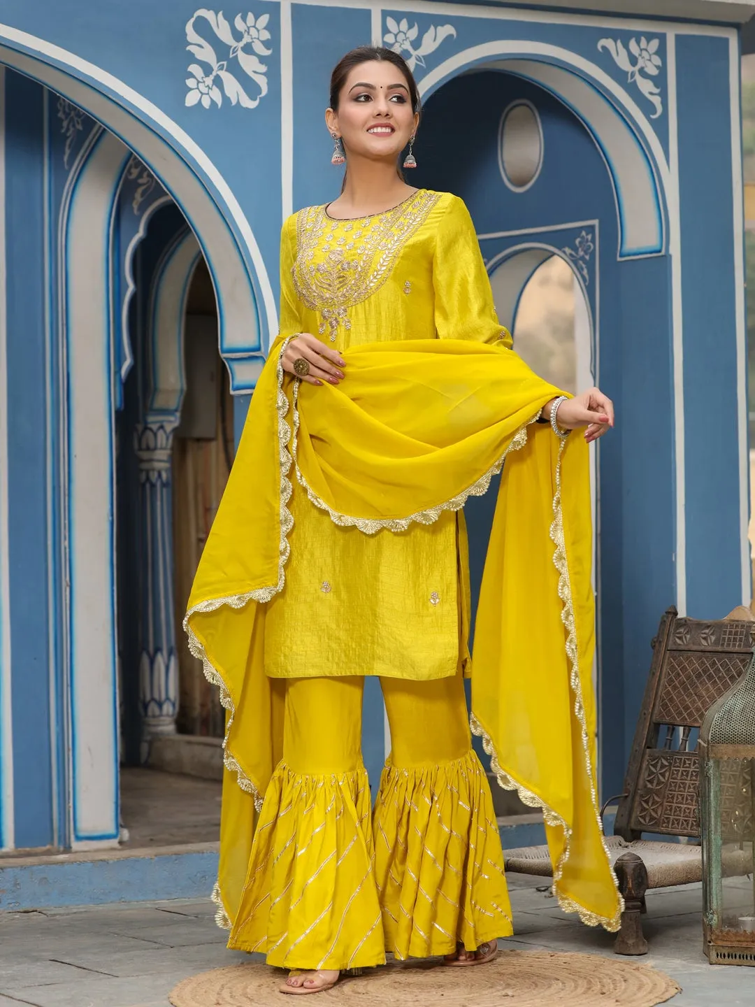 Straight Embroidered Kurta With Sharara & Dupatta