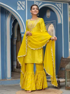 Straight Embroidered Kurta With Sharara & Dupatta