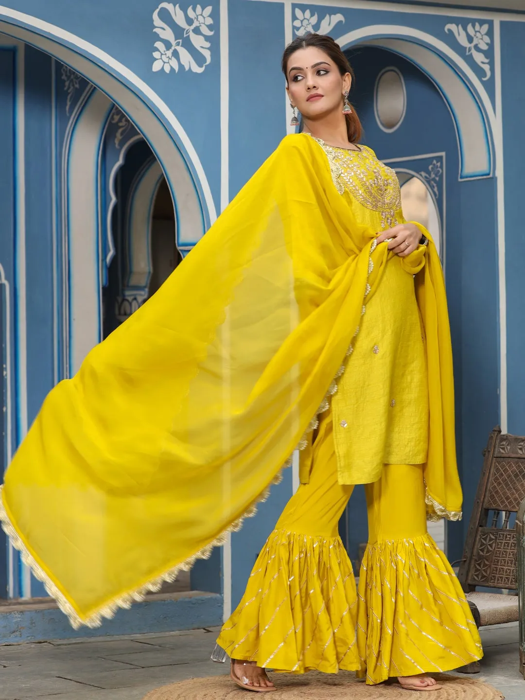 Straight Embroidered Kurta With Sharara & Dupatta