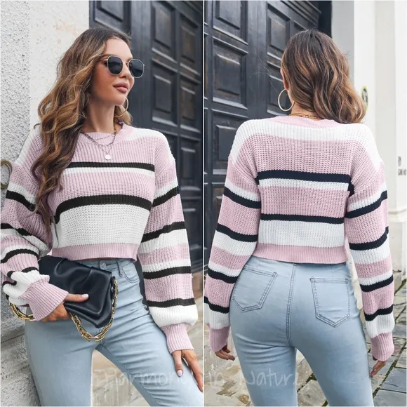 Stripe It Up Cropped Sweater - Pink