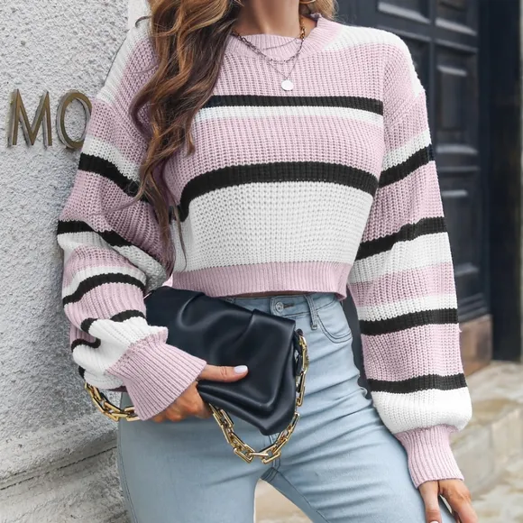 Stripe It Up Cropped Sweater - Pink