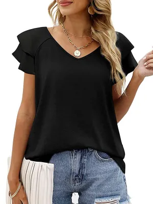 Stunncal Peach Heart Collar Ruffle T-Shirt(7 colors)