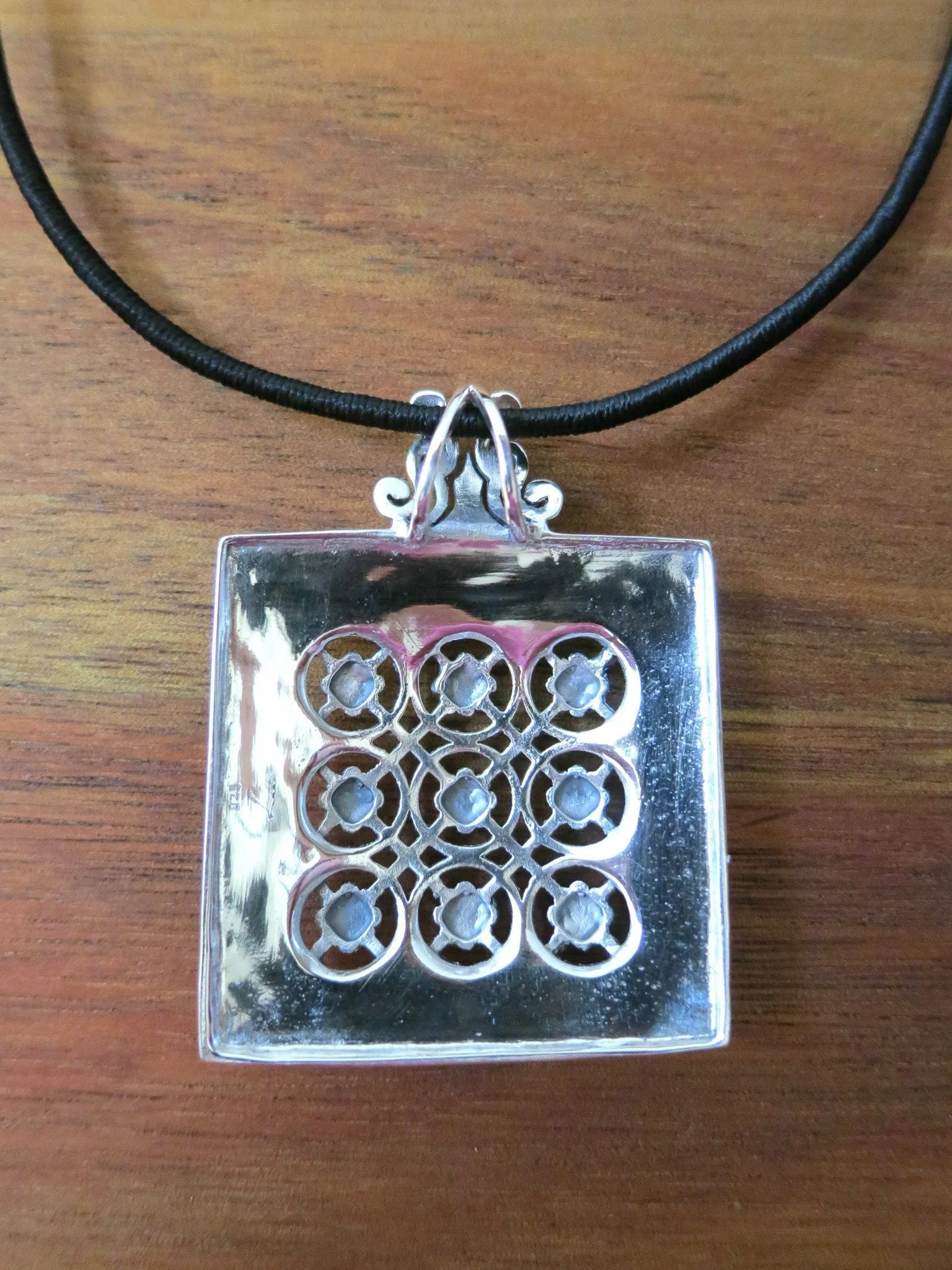 Stunning, Kutch-inspired, large hammer-finish square pendant with jali