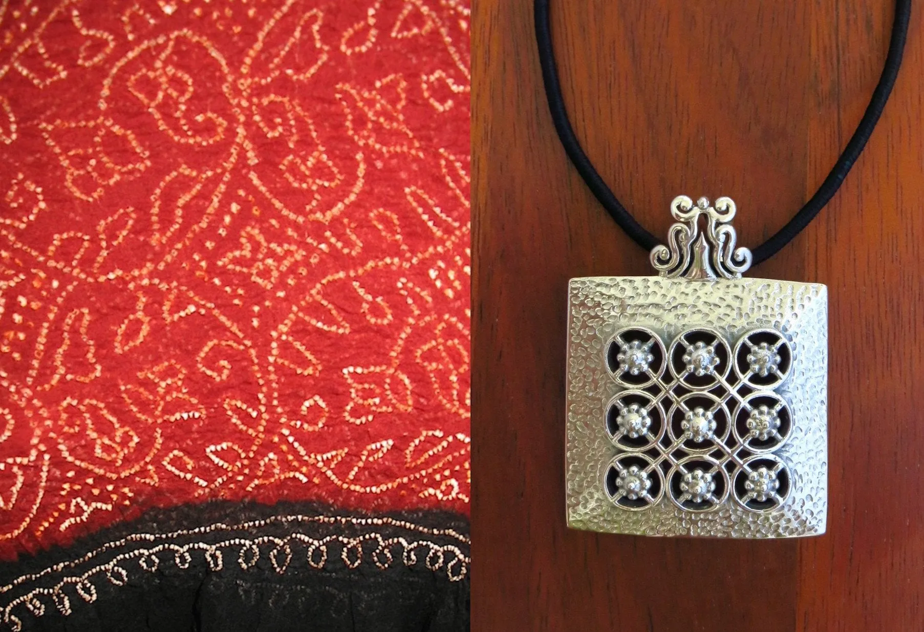 Stunning, Kutch-inspired, large hammer-finish square pendant with jali