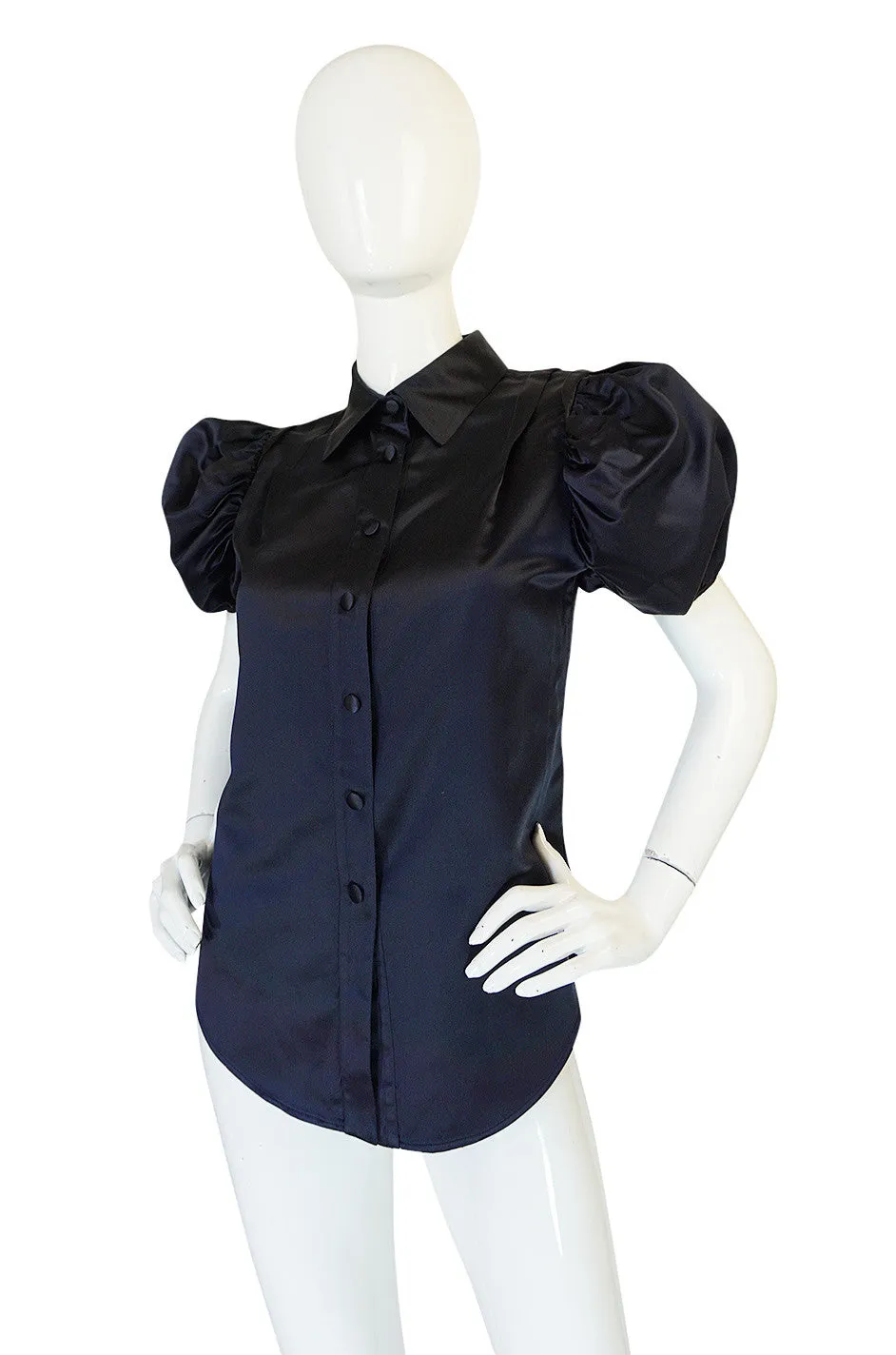 Stunning Recent Prada Deep Blue Silk Pouf Sleeve Top