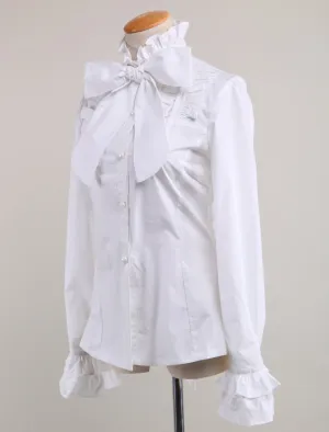 Sweet Lolita Blouse Long Sleeves White Cotton Stand Collar Bow Ruffles