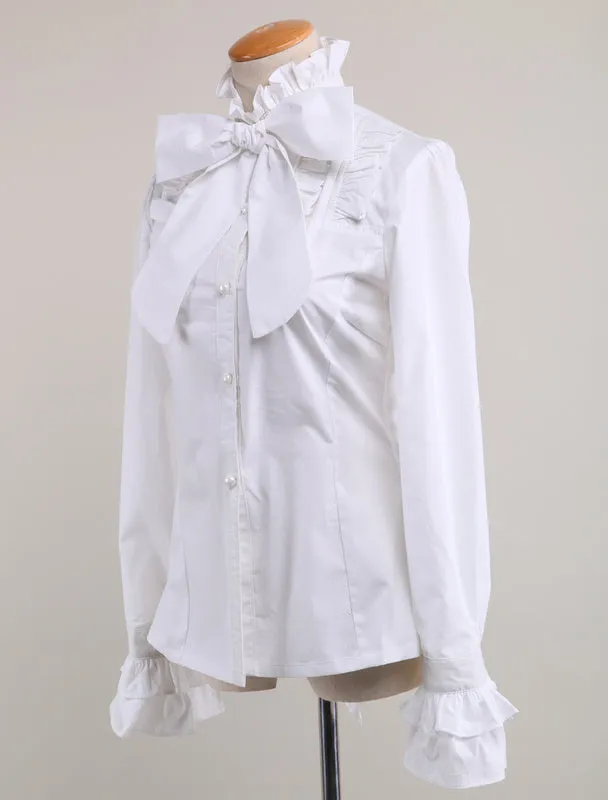 Sweet Lolita Blouse Long Sleeves White Cotton Stand Collar Bow Ruffles