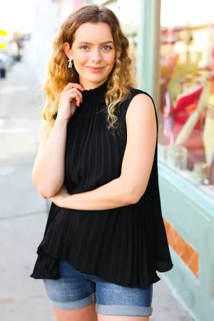 Sweet New Days Black Smocked Neck Pleated Sleeveless Top