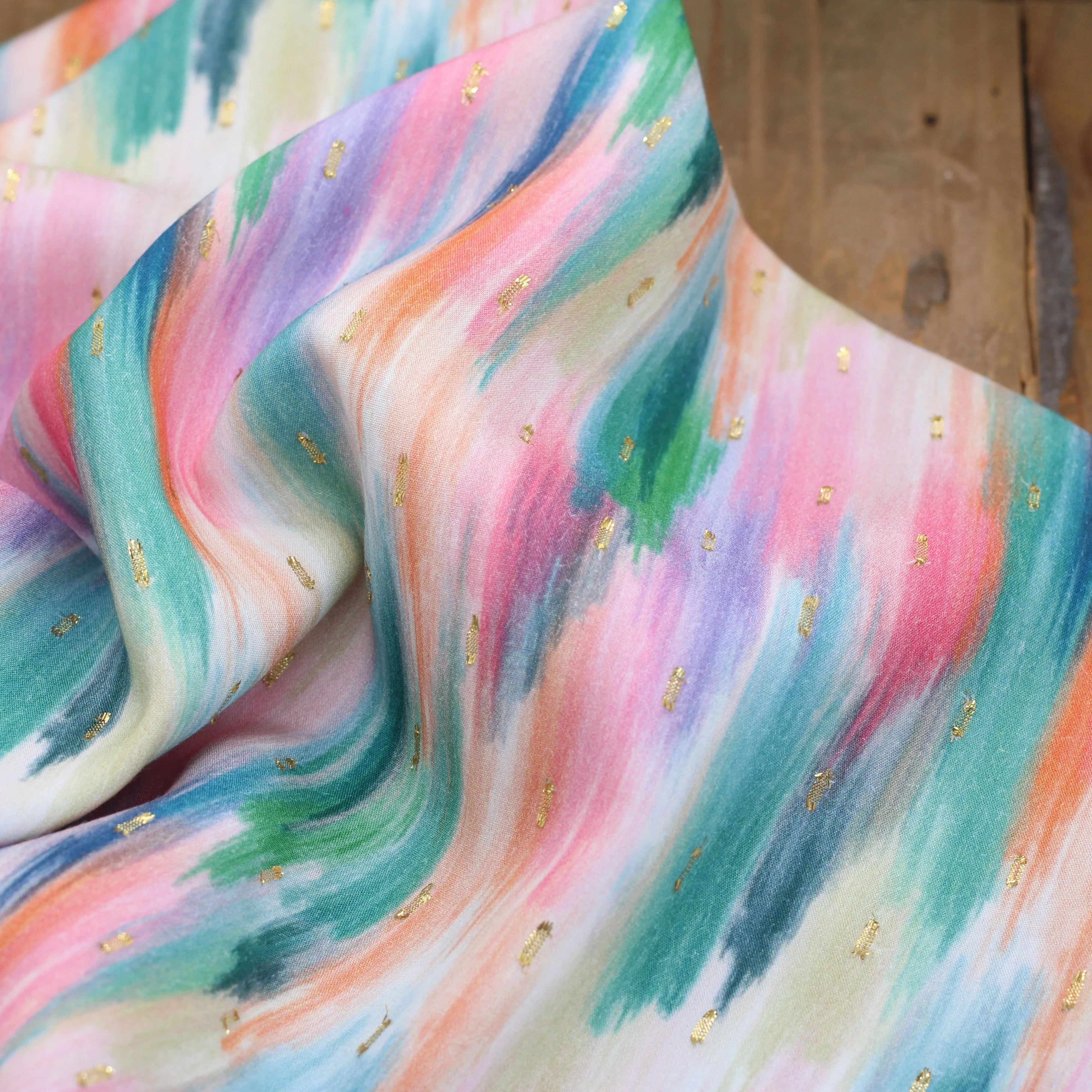 Tissu Viscose ZELIE Plumetis dorés - Vert/Rose (vendu x10cm)
